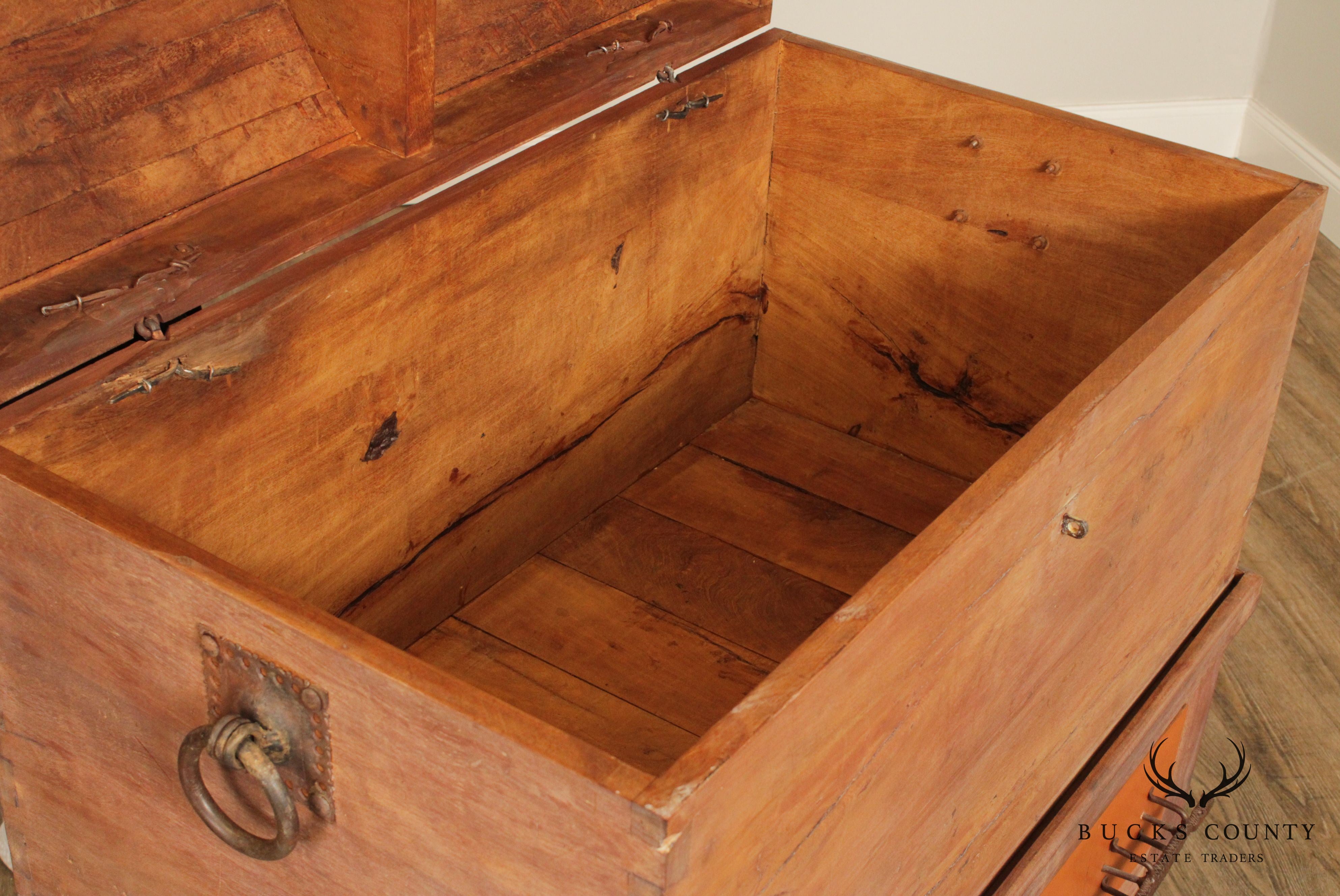 Antique 19th C. Leather Wrapped Hardwood Chest with Iron Crocodile Hardware