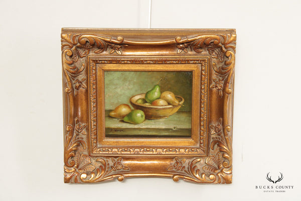 Vintage 20th C. Pear Fruit Still Life Oil Painting, Custom Framed