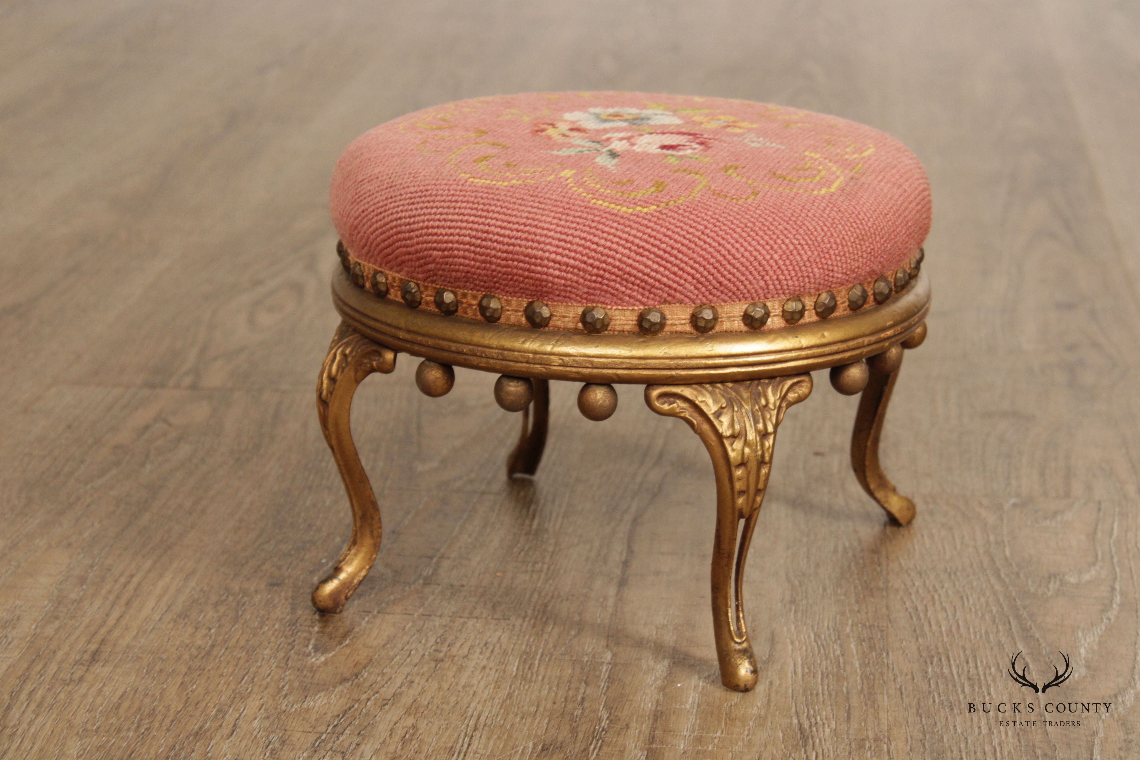 Victorian Style Needlework Gilt Painted Small Round Foot Stool