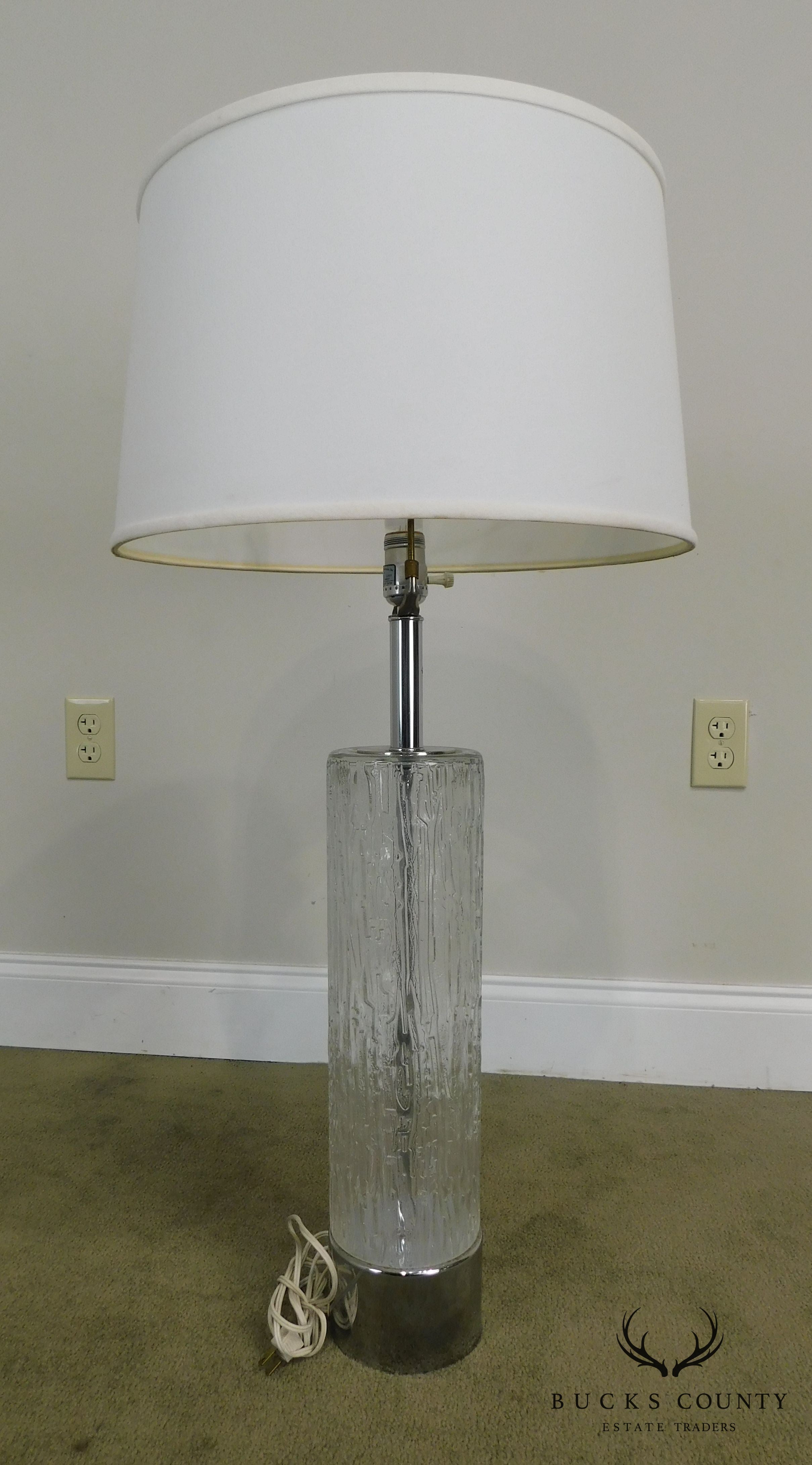 Mid Century Modern Pair of Chrome & Patterned Glass Column Lamps - 1970's