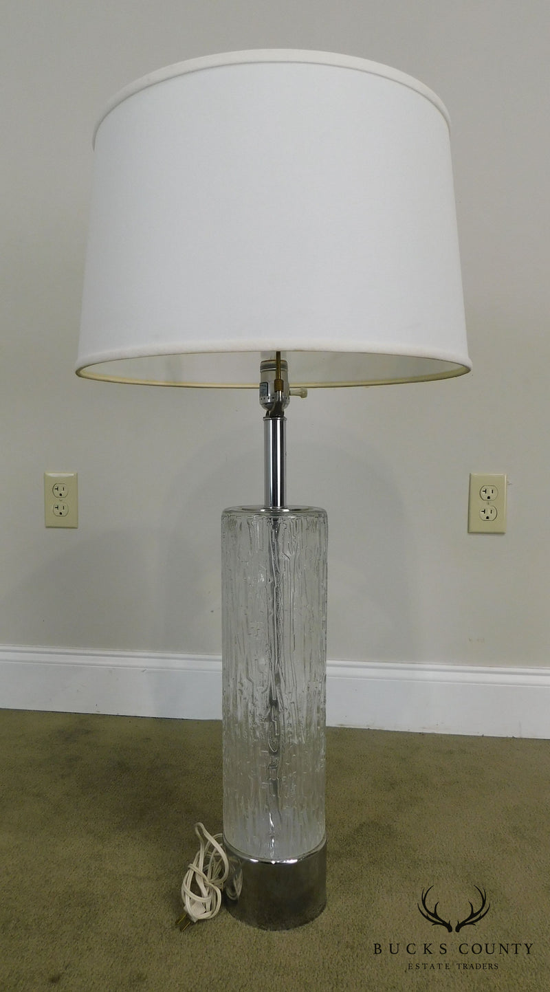 Mid Century Modern Pair of Chrome & Patterned Glass Column Lamps - 1970's