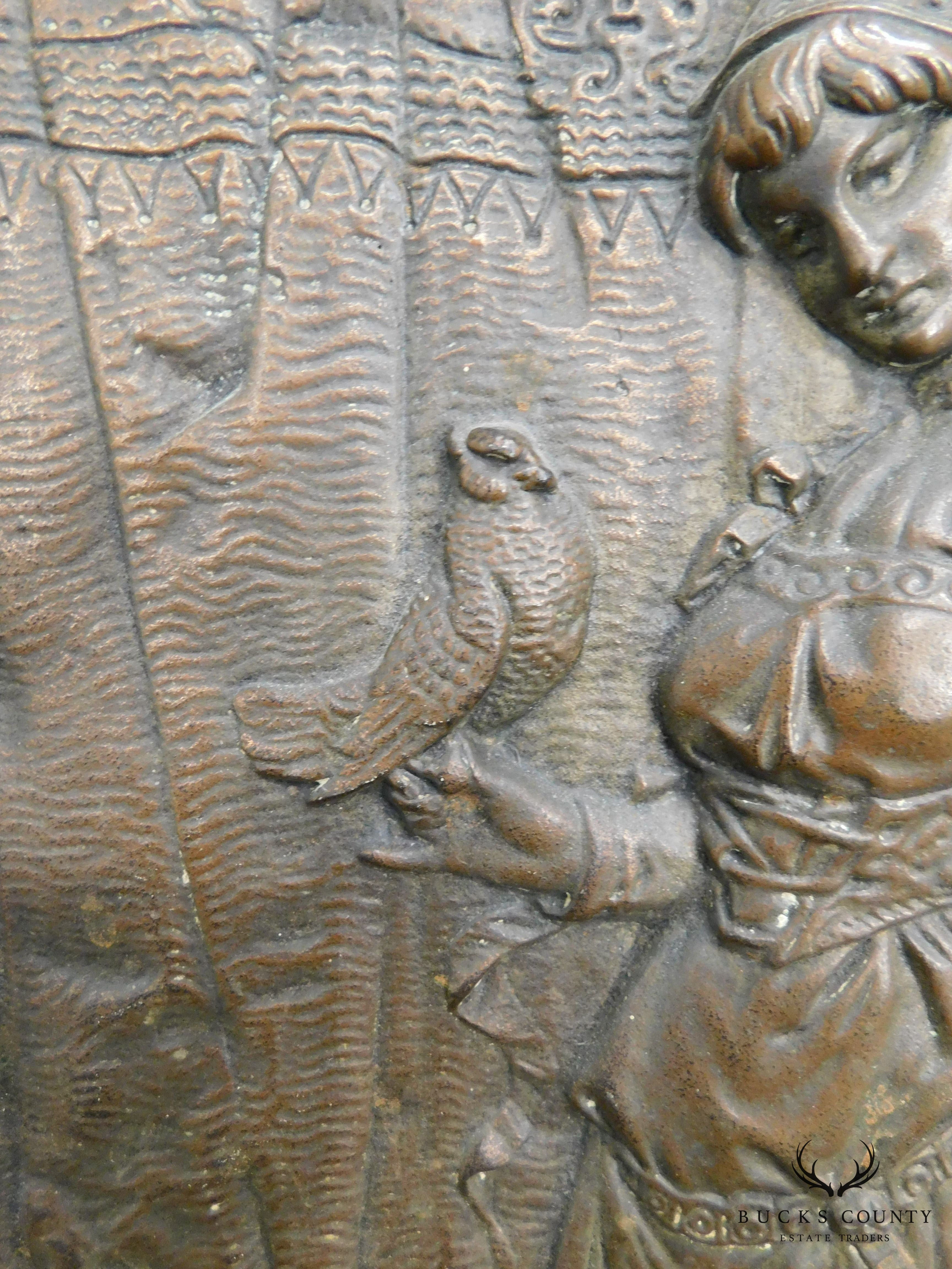 Antique Cast Iron European Relief Wall Plaque of Woman with Dog and Bird