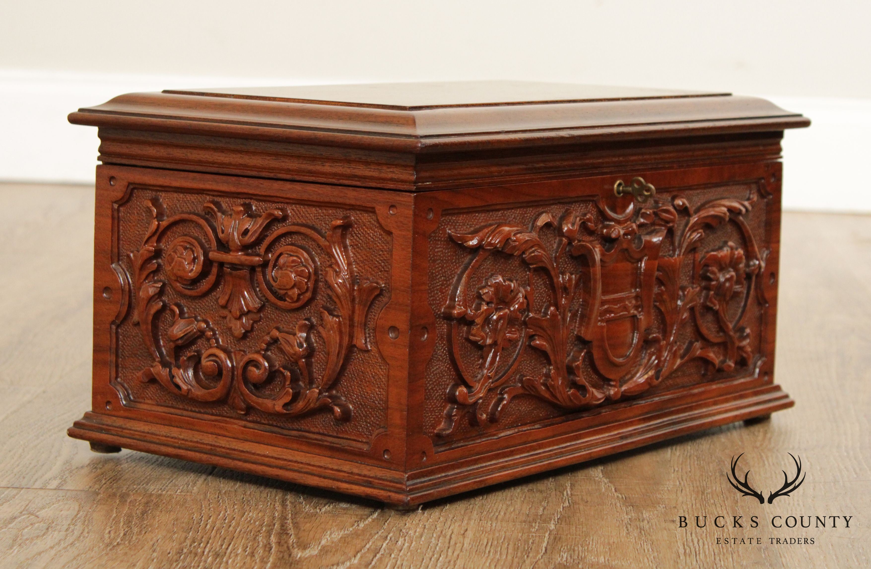 Antique Carved Walnut Humidor Box