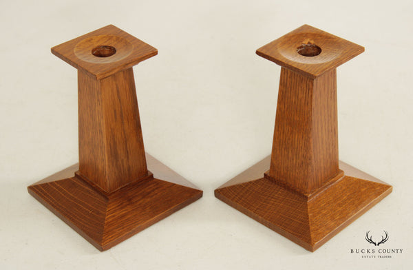 Stickley Mission Collection Pair of Oak Candlestick Candle Holders