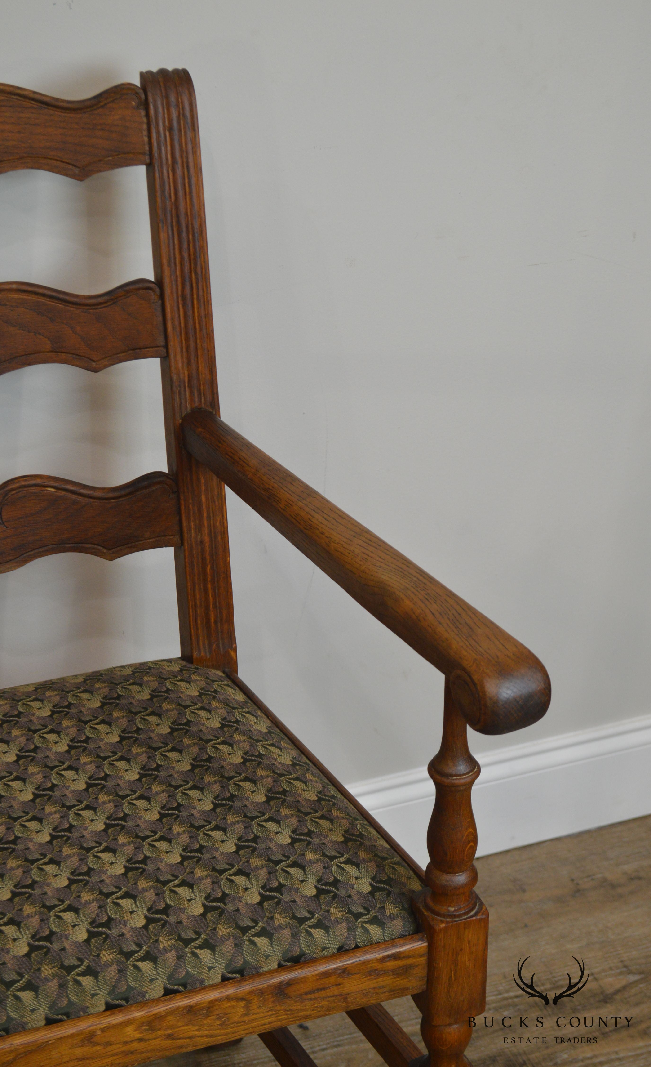 French Country Style Antique Pair Oak Ladder Back Armchairs