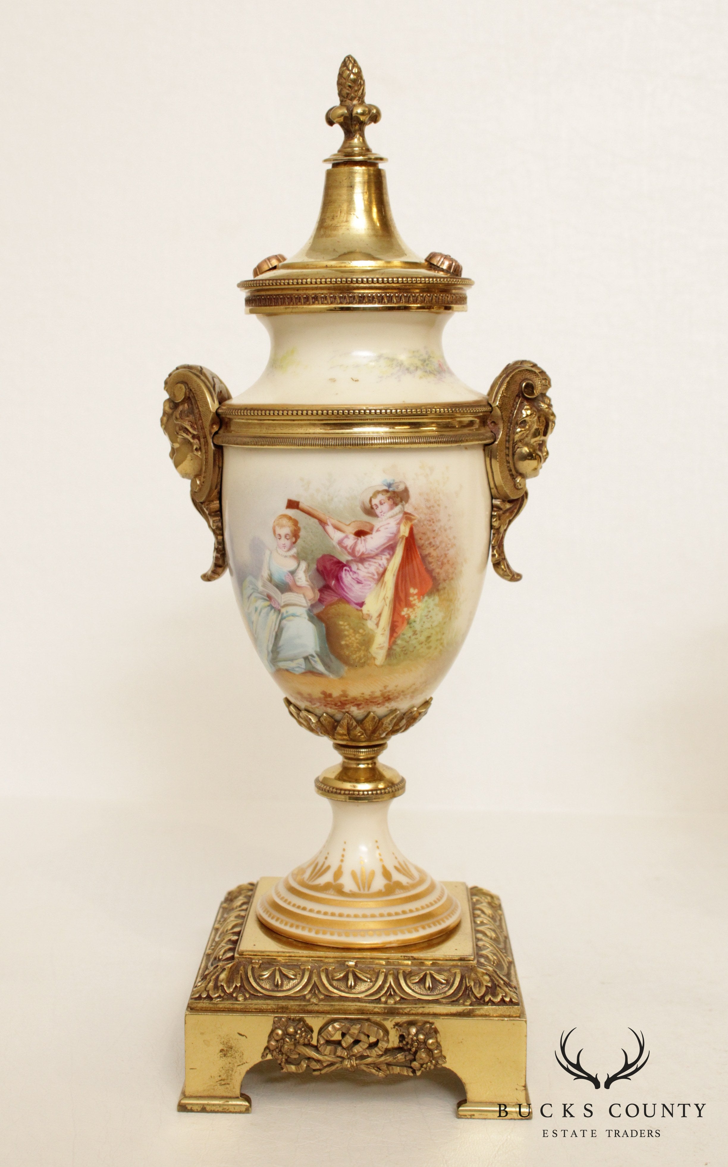 Antique French Sevres Style Porcelain & Brass Urns