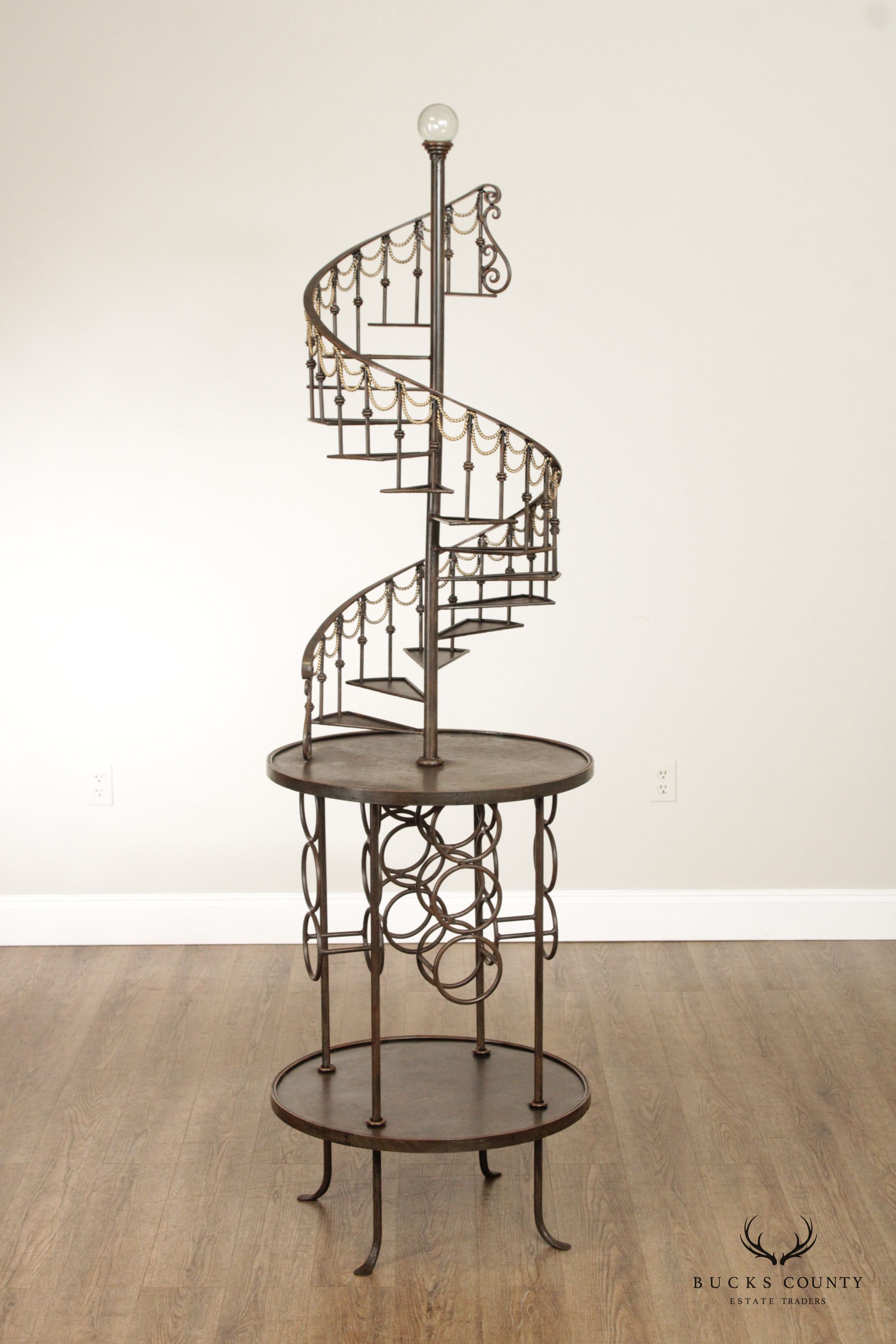 QUALITY WROUGHT IRON SPIRAL STAIRCASE ETAGERE WINE RACK