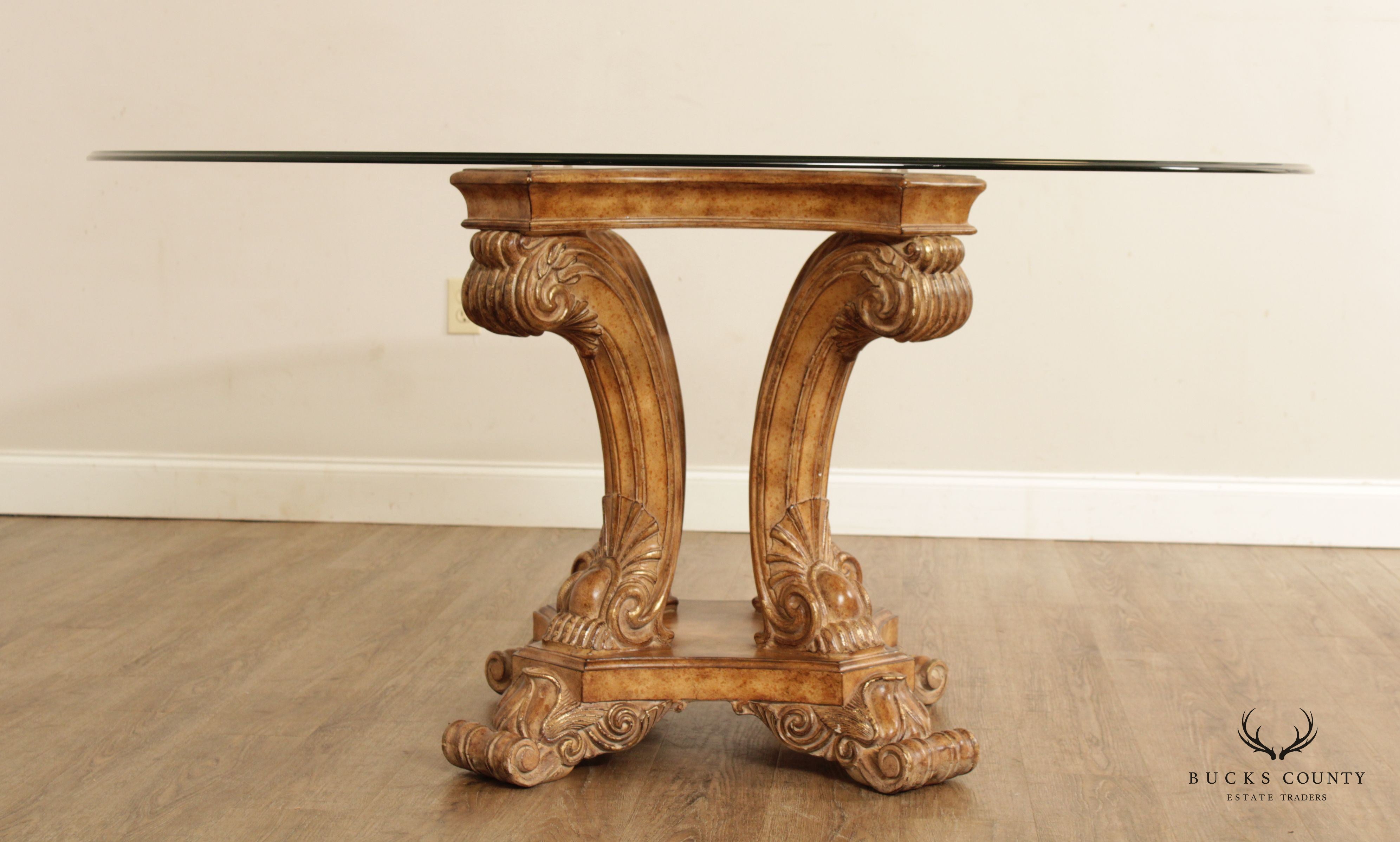 Baroque Style Round Glass Top Pedestal Dining Table