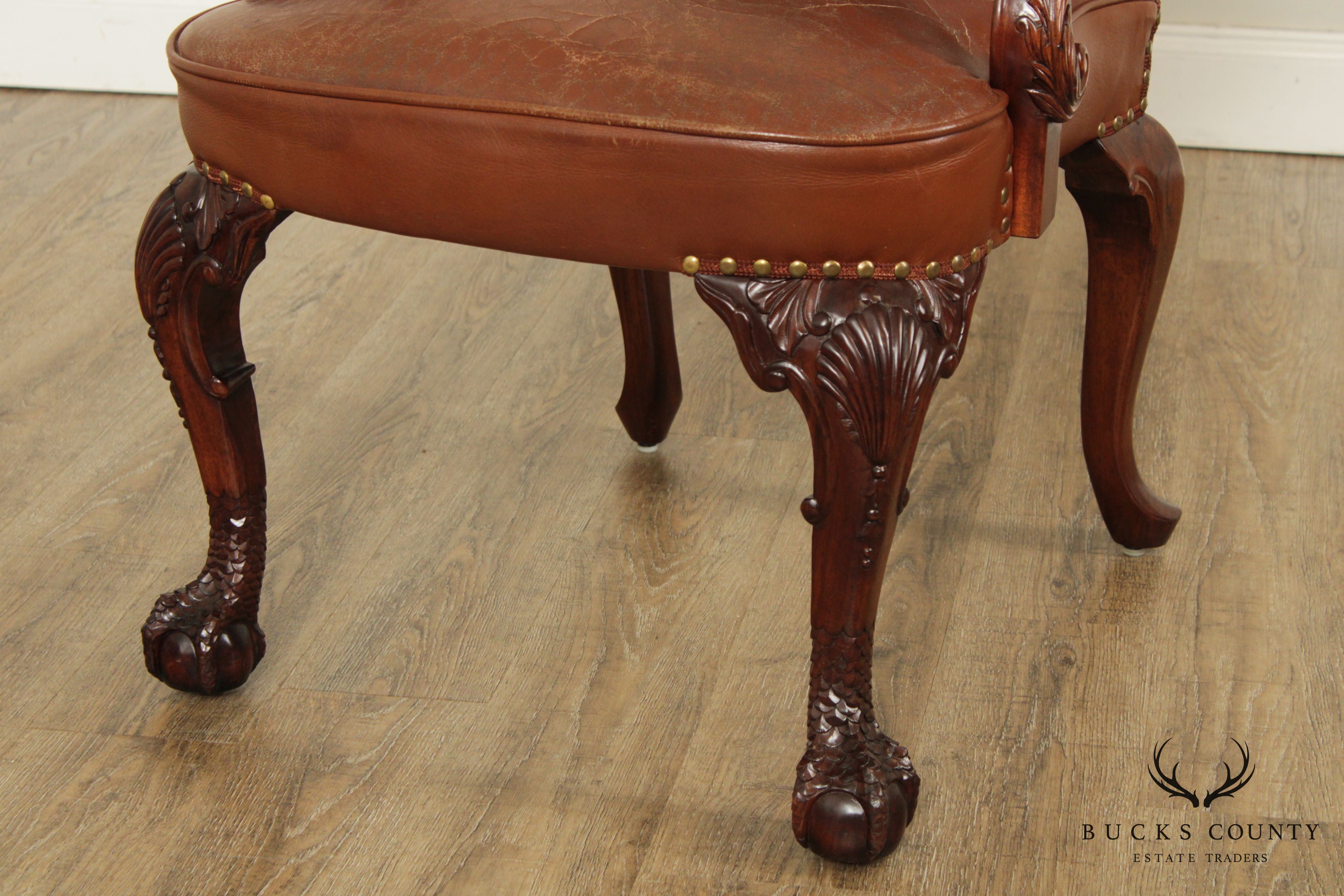 Georgian Chippendale Style Mahogany Eagle Carved Leather Armchair