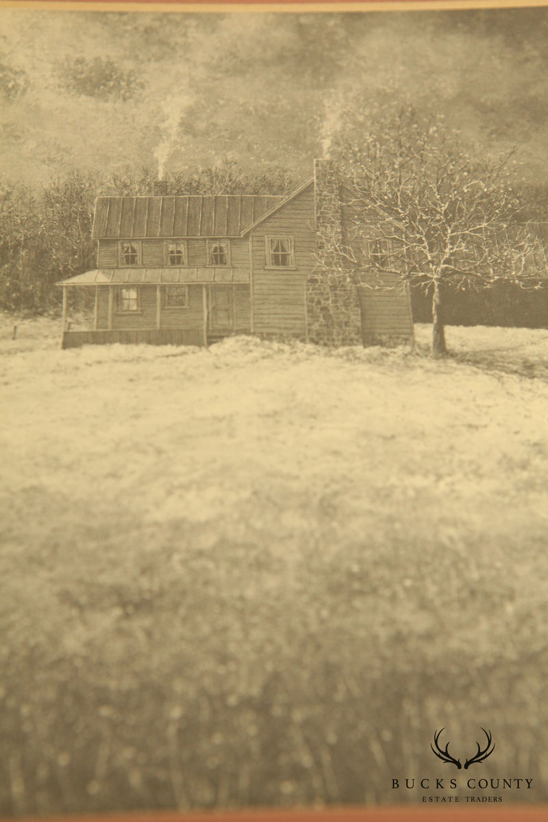 David Knowlton III Framed Art Print Black & White Lithograph Farm House in Winter