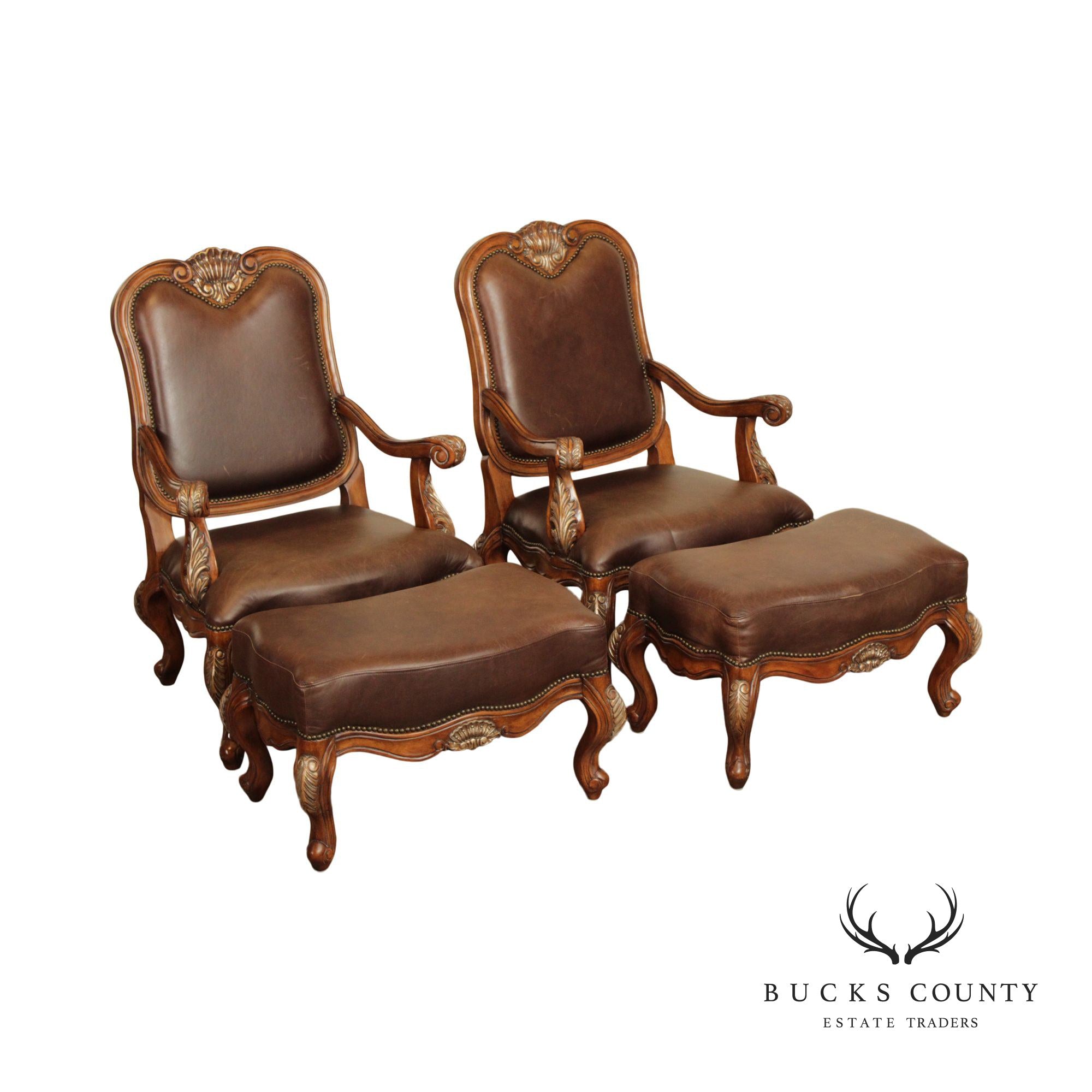 French Provincial Style Pair of Shell-Carved Leather Armchairs and Ottomans