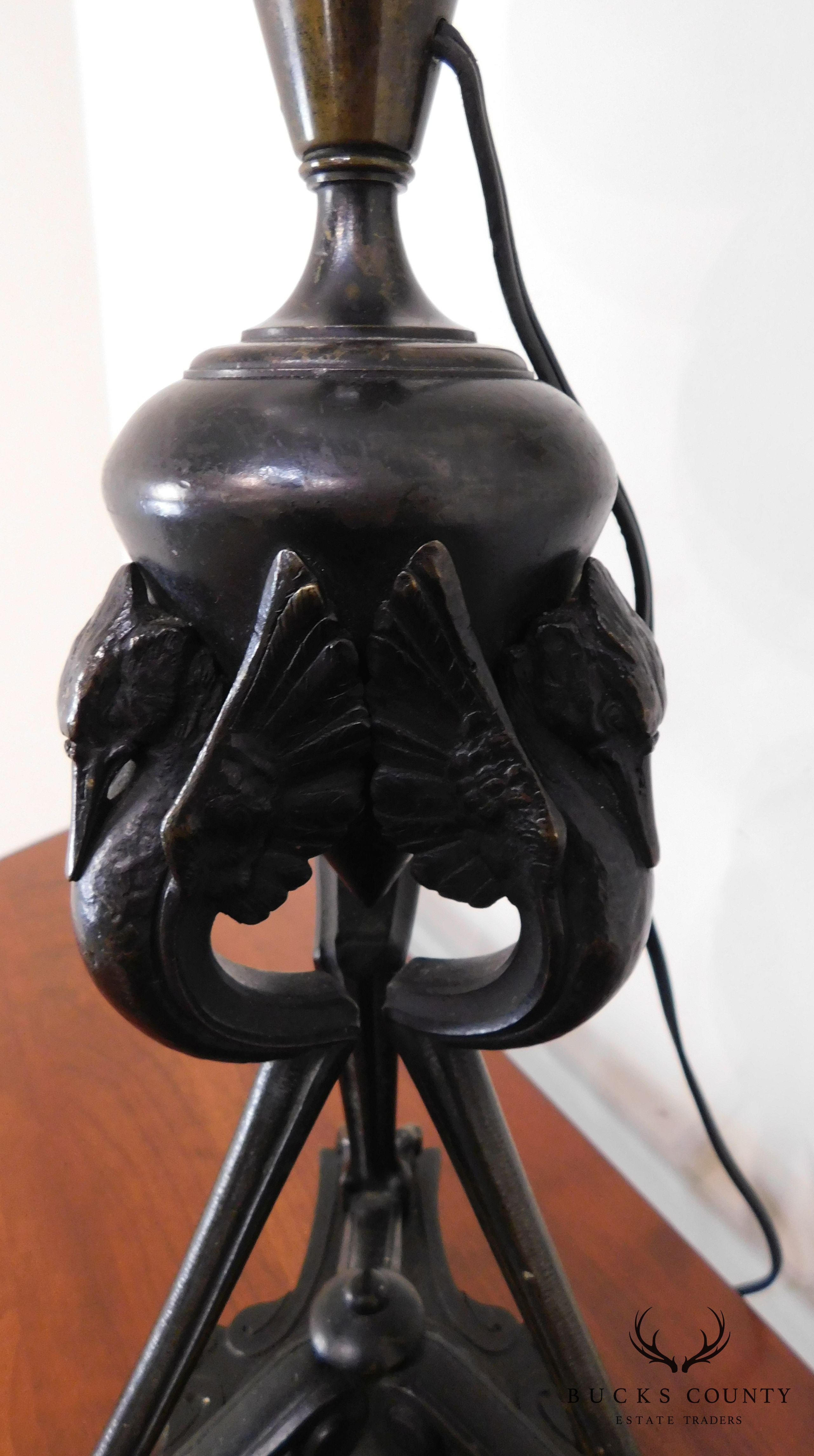 Aesthetic Movement Stork/Crane Figural Black Painted Bronze Table Lamp with Shade