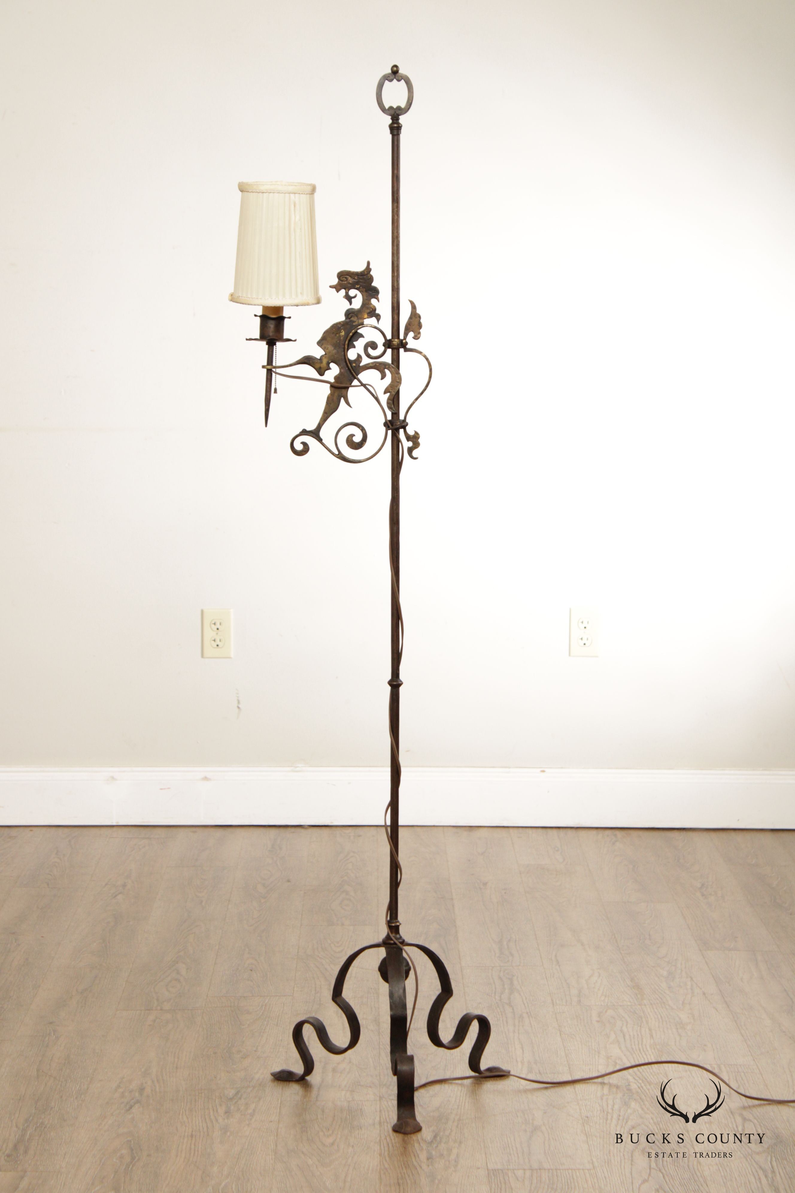 Antique Gothic Forged Iron and Gilt Floor Lamp