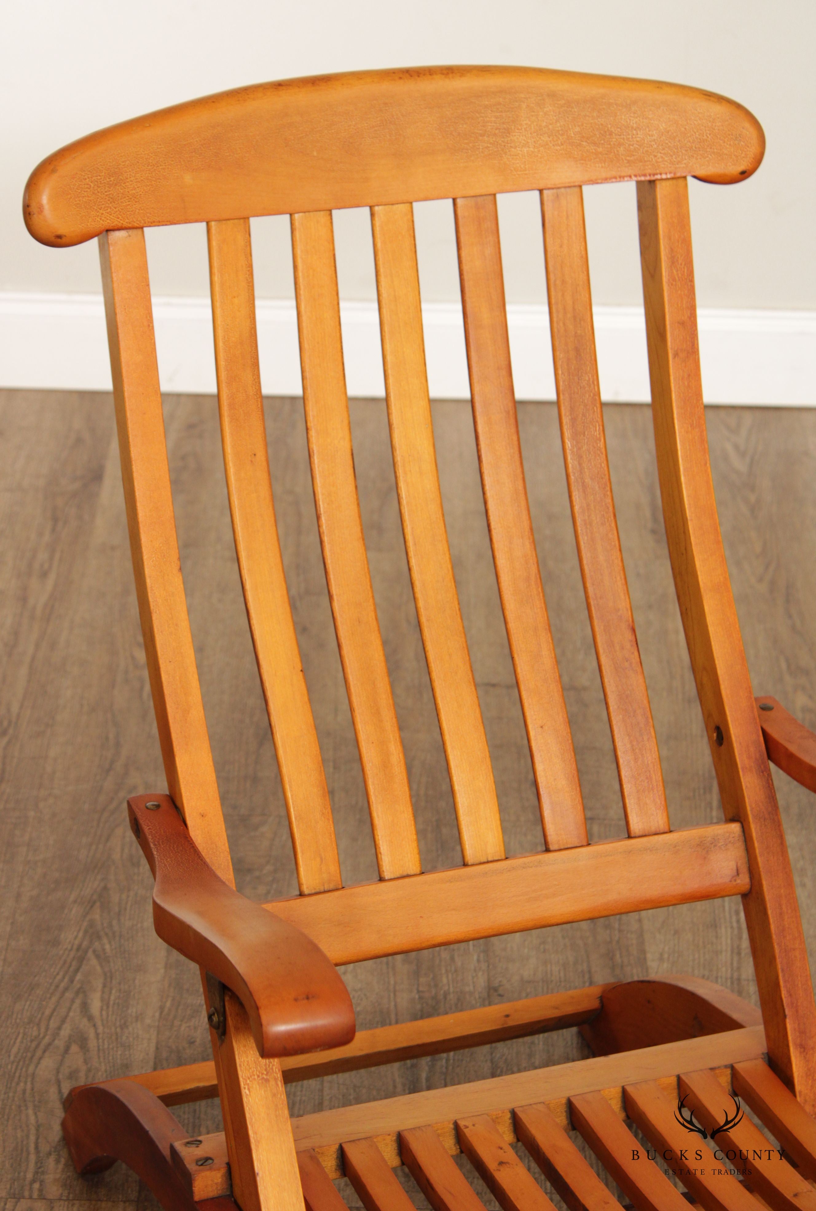 Antique Campaign Style Pair of Maple and Brass Folding Cruise Ship Steamer Lounge Chairs