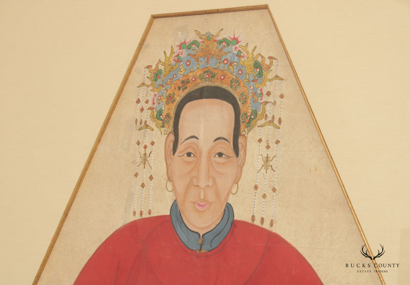 Antique Chineses Pair Ancestral Watercolor Portraits