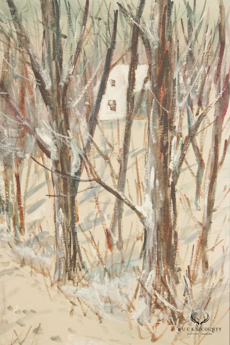 Carl Nickel Red Barn in Winter Landscape Oil Painting, Custom Framed