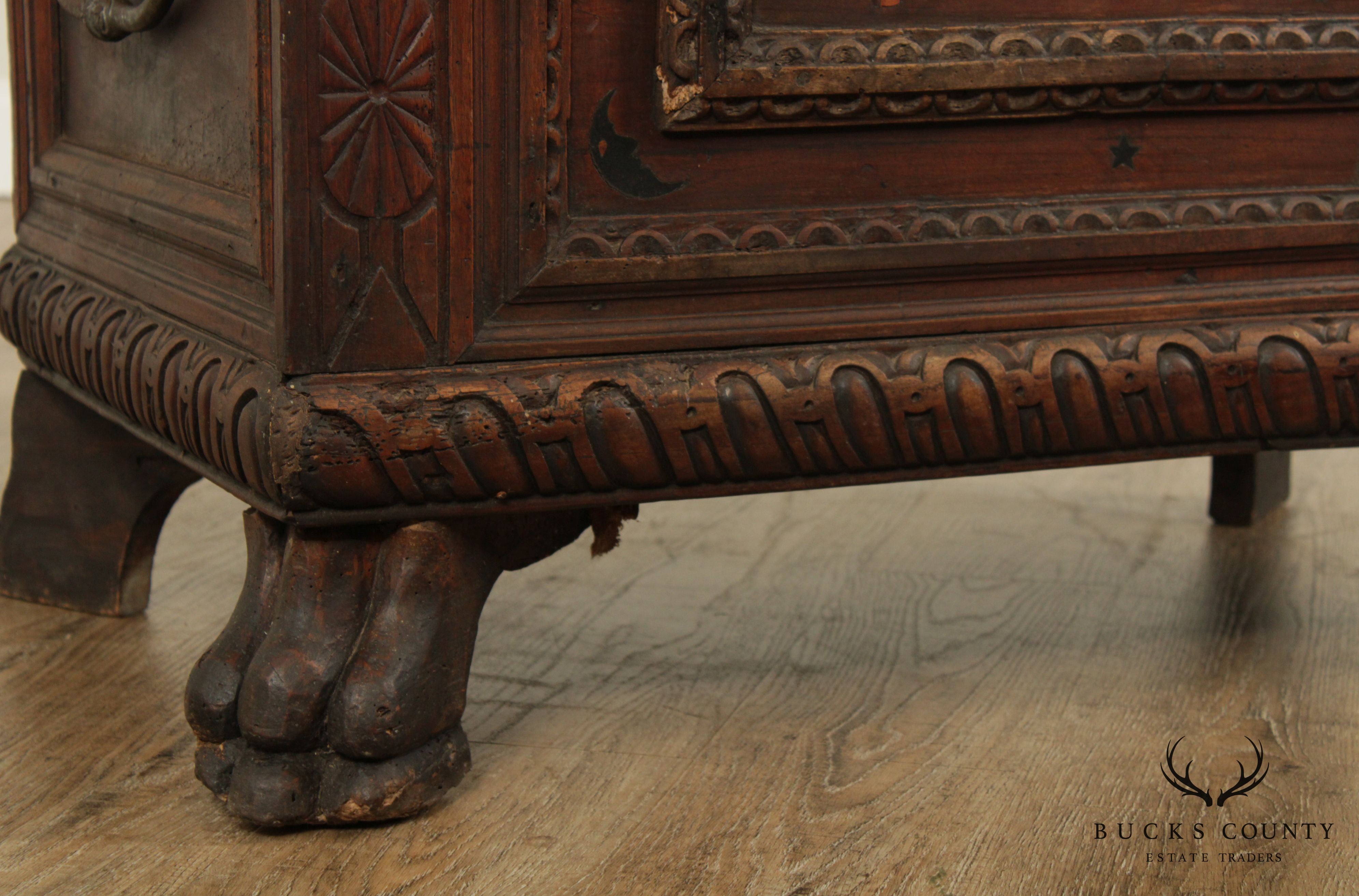 Antique Italian Renaissance Walnut Inlaid Cassone Chest