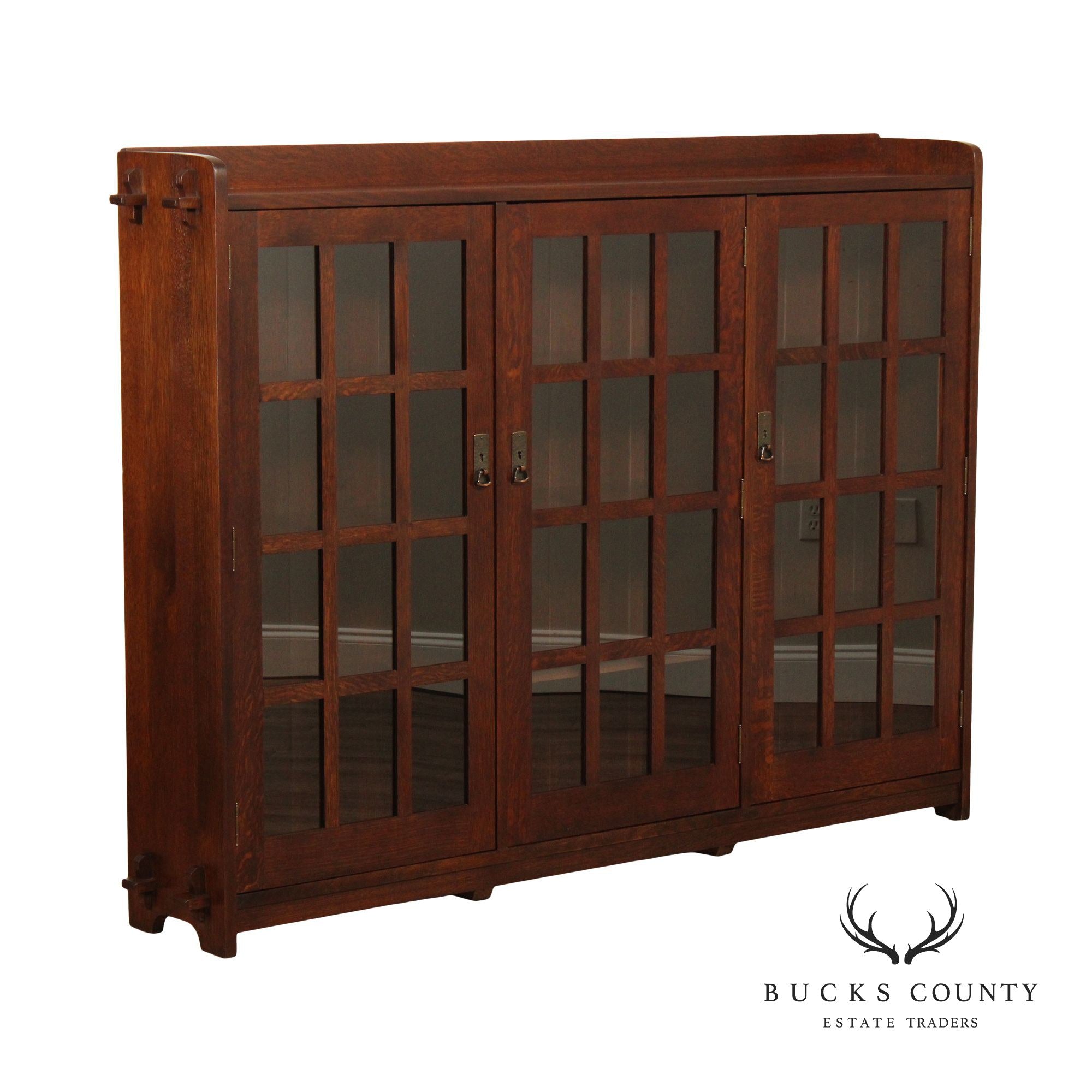 Stickley Mission Collection Oak Triple Bookcase with Glass Doors