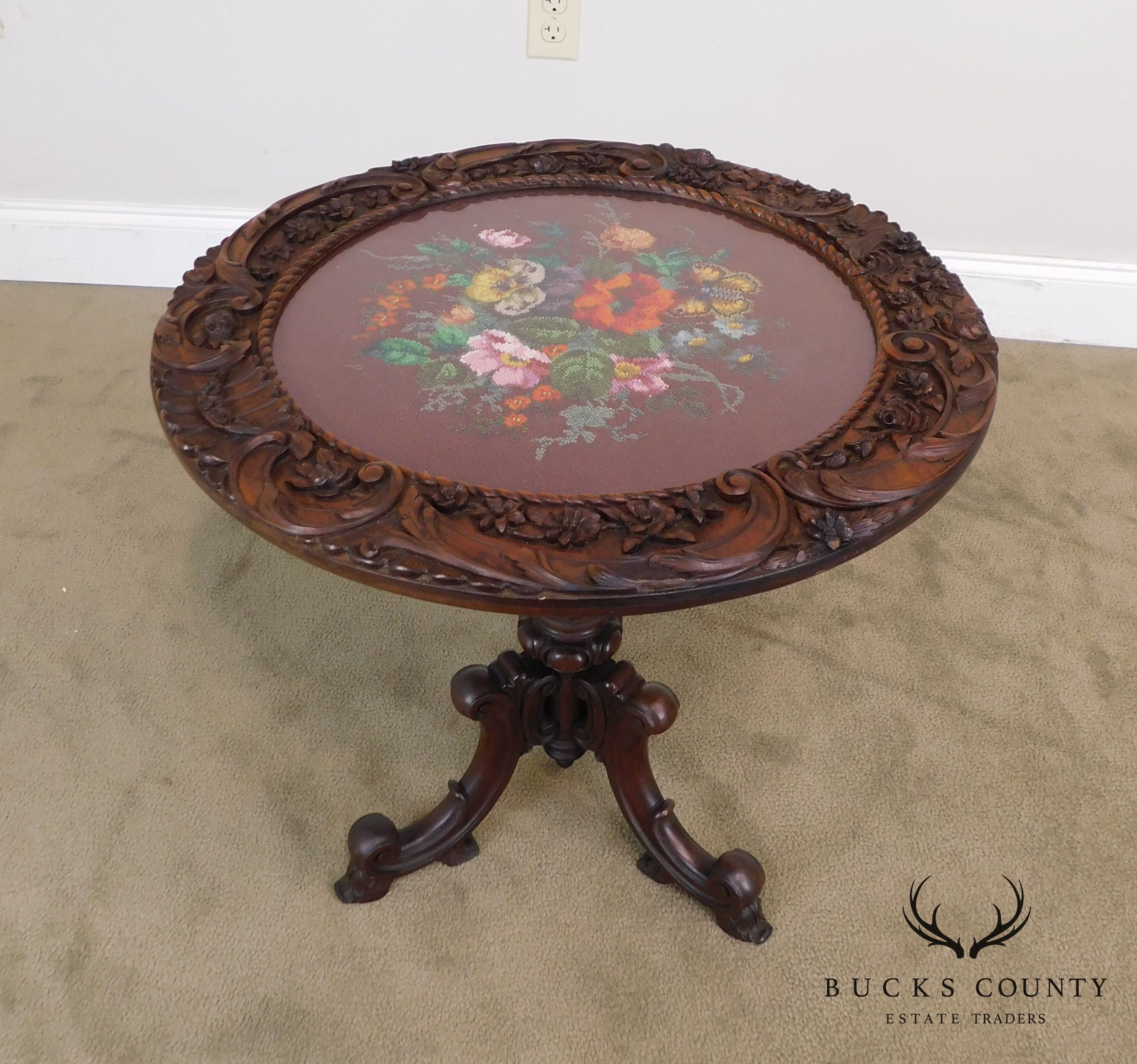 Renaissance Revival Antique Hand Carved Solid Walnut Round Table with Beeded Needlework