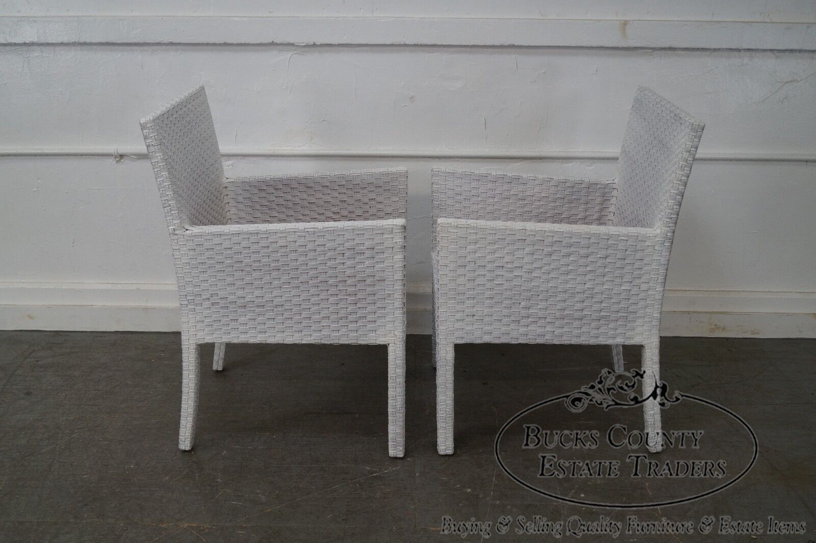 Quality Pair of White Woven Leather Arm Chairs