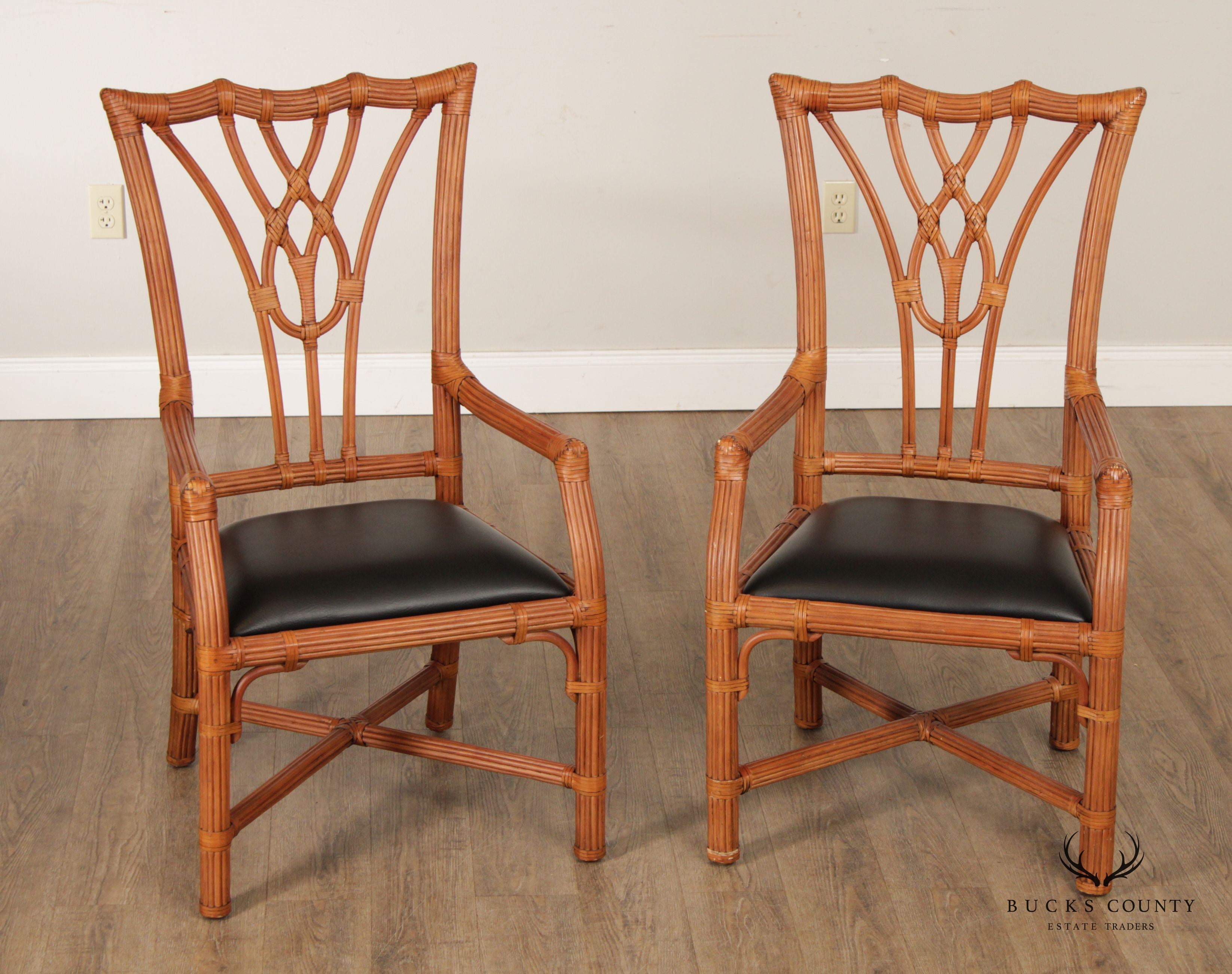 Chippendale Style Split Reed Rattan Pair of Armchairs