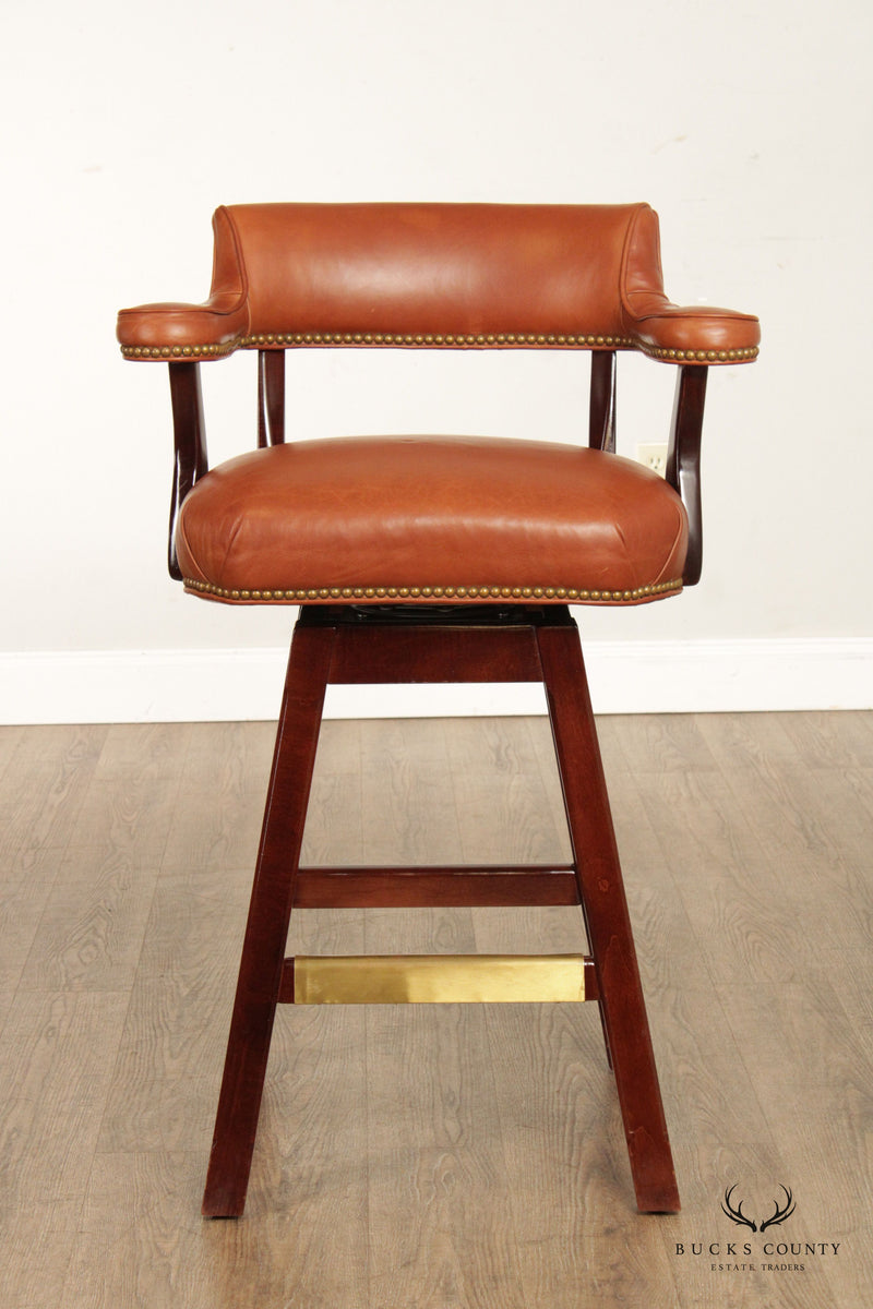 Traditional Pair Leather Upholstered Swivel Bar Stools