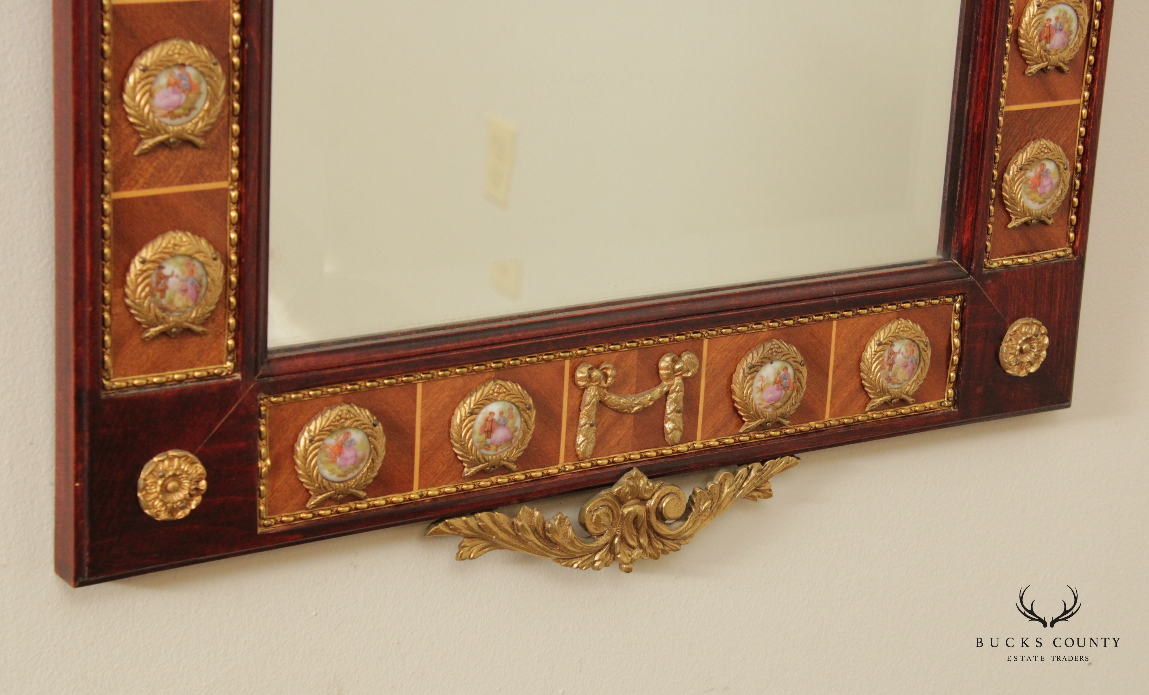 Italian Louis XV Neoclassical Style Mahogany and Brass Console Mirror With Porcelain Plaques