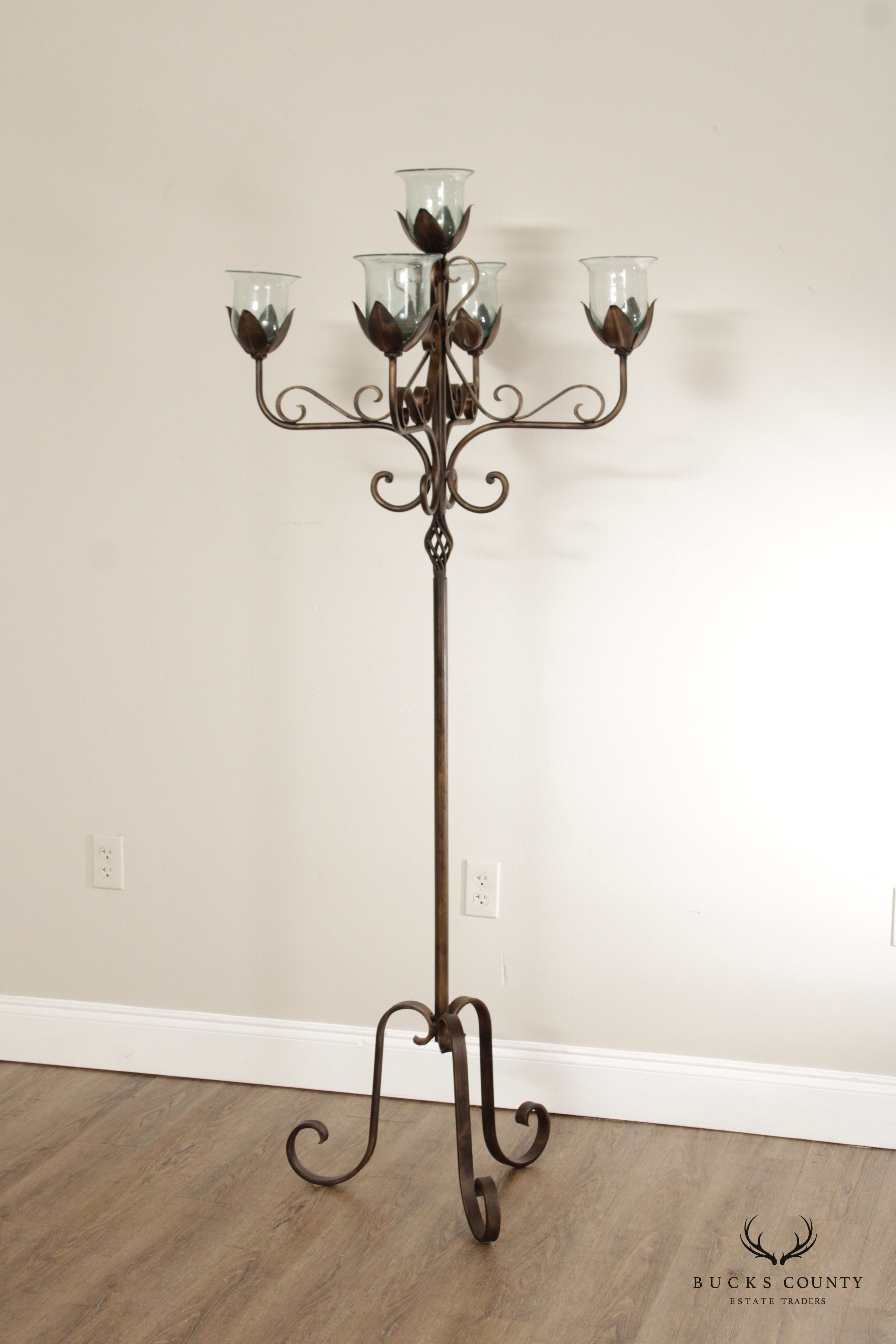 Wrought Iron Floor Candelabra With Glass Shades