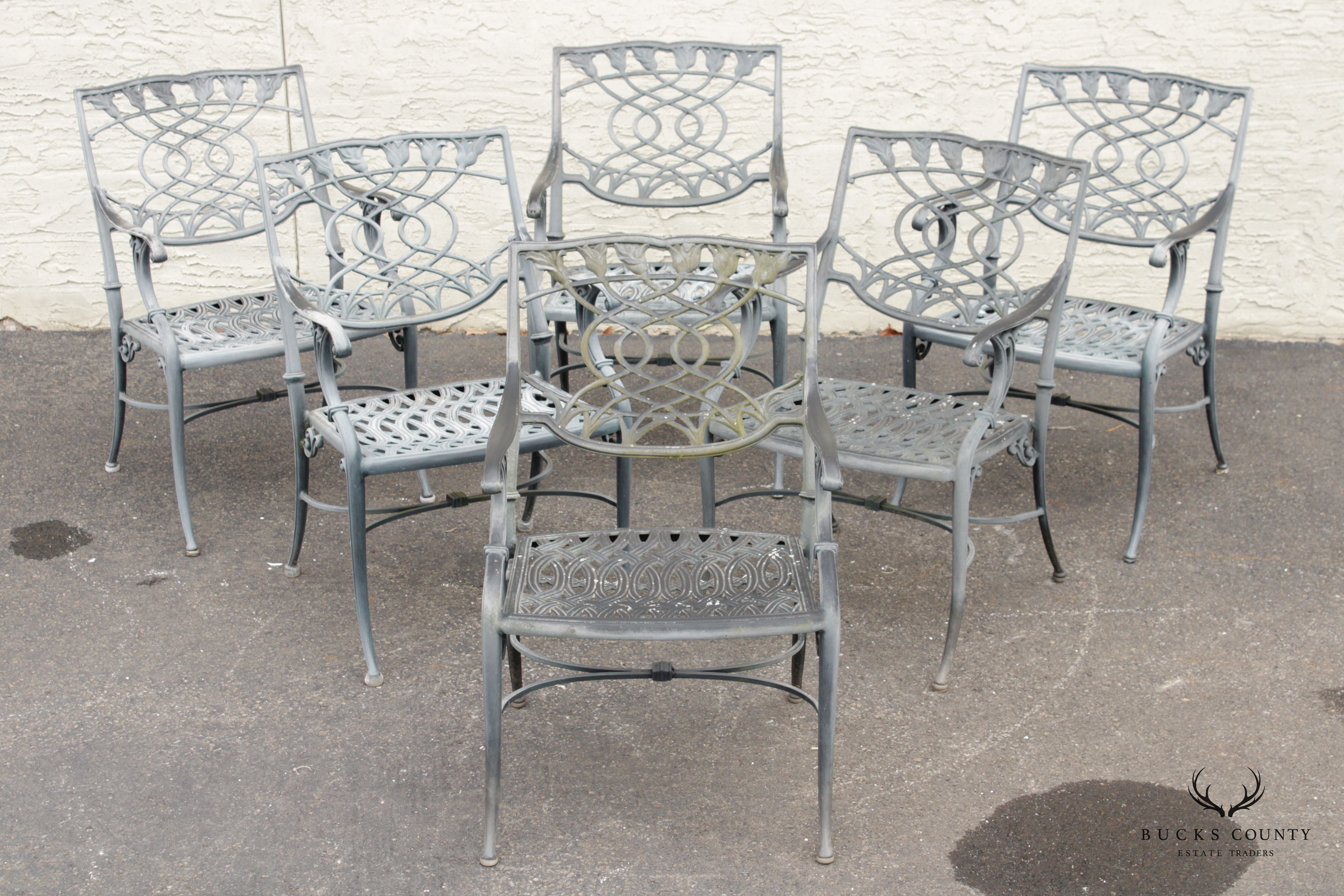 Vintage Set Six Cast Aluminum Outdoor Dining Arm Chairs