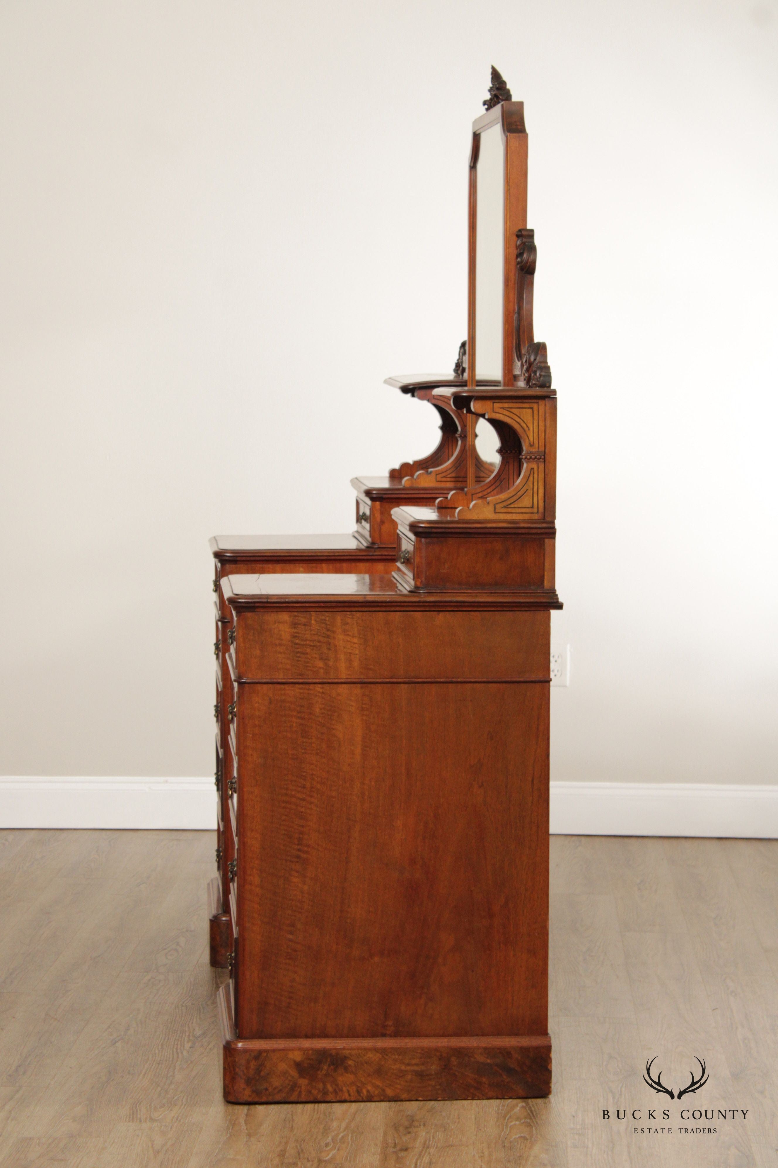 Antique English Victorian Walnut Burl Vanity Dresser with Mirror