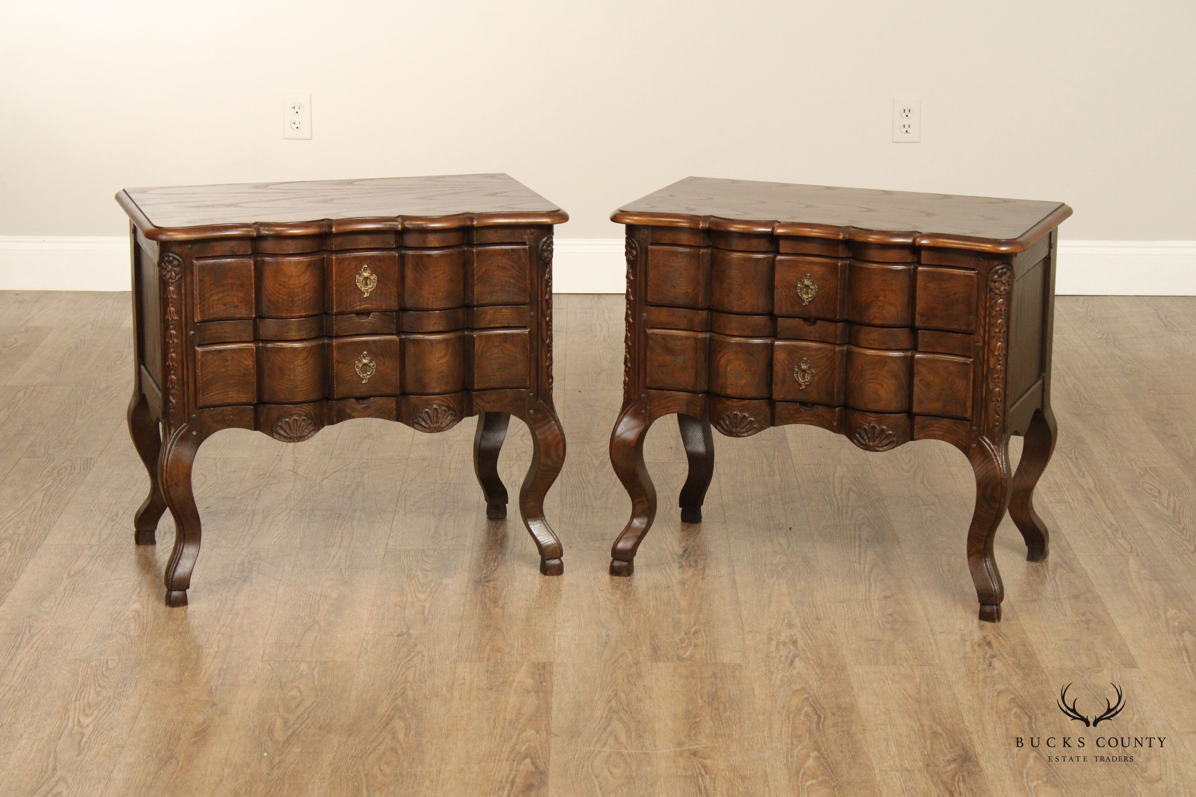 Baker Furniture Baroque Style Pair of Serpentine Commode Nightstands