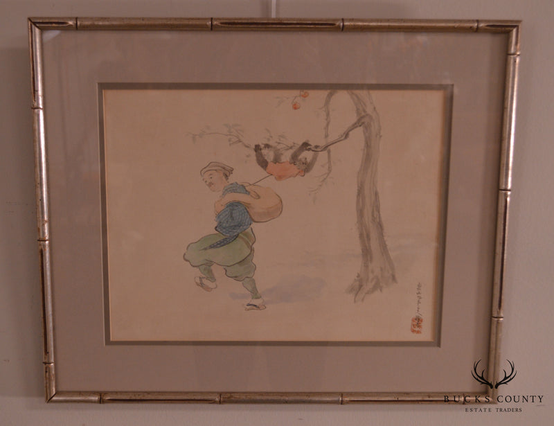 Vintage Chinese Watercolor Drawing, Custom Framed