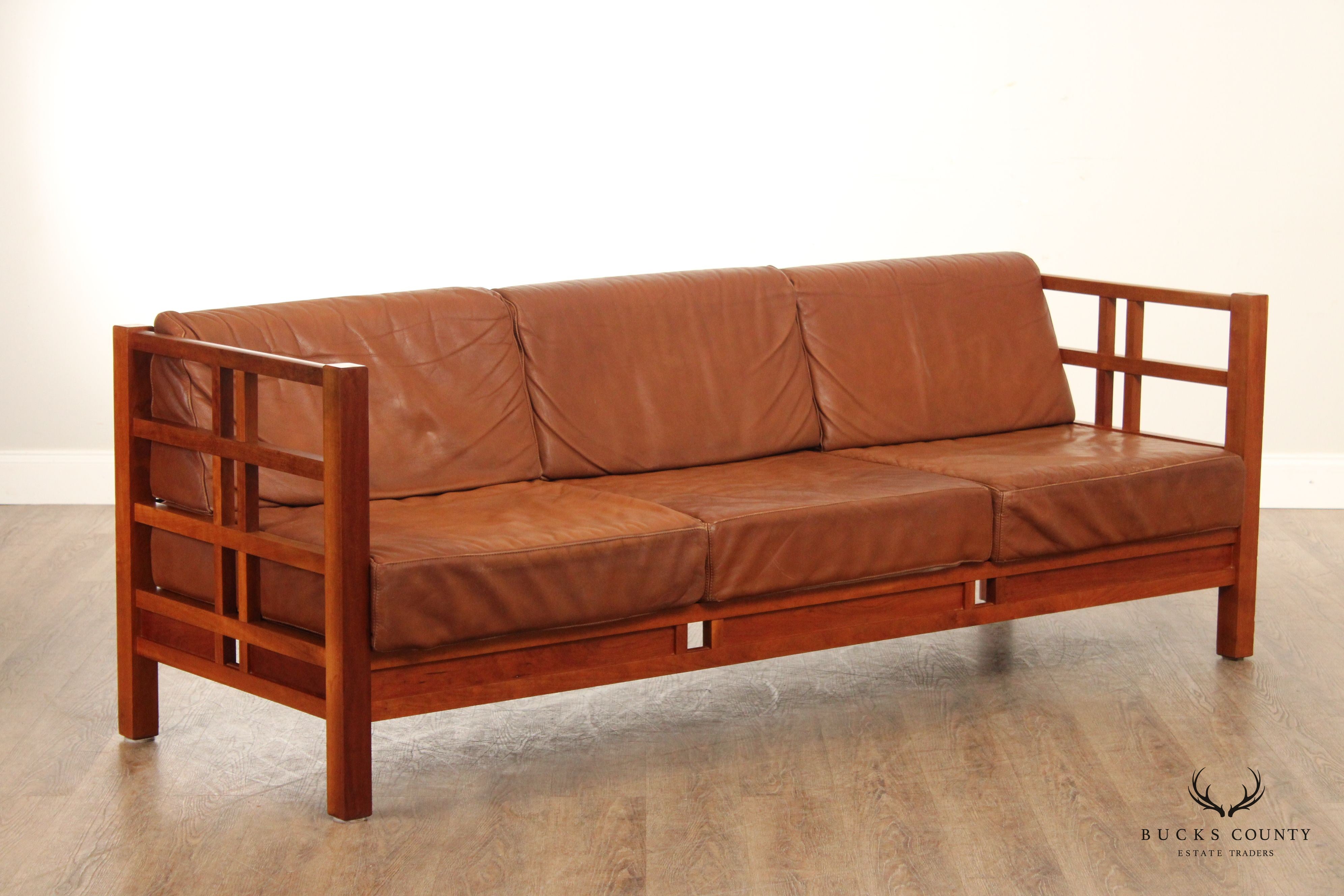 Thomas Moser Windward Cherry and Brown Leather Sofa