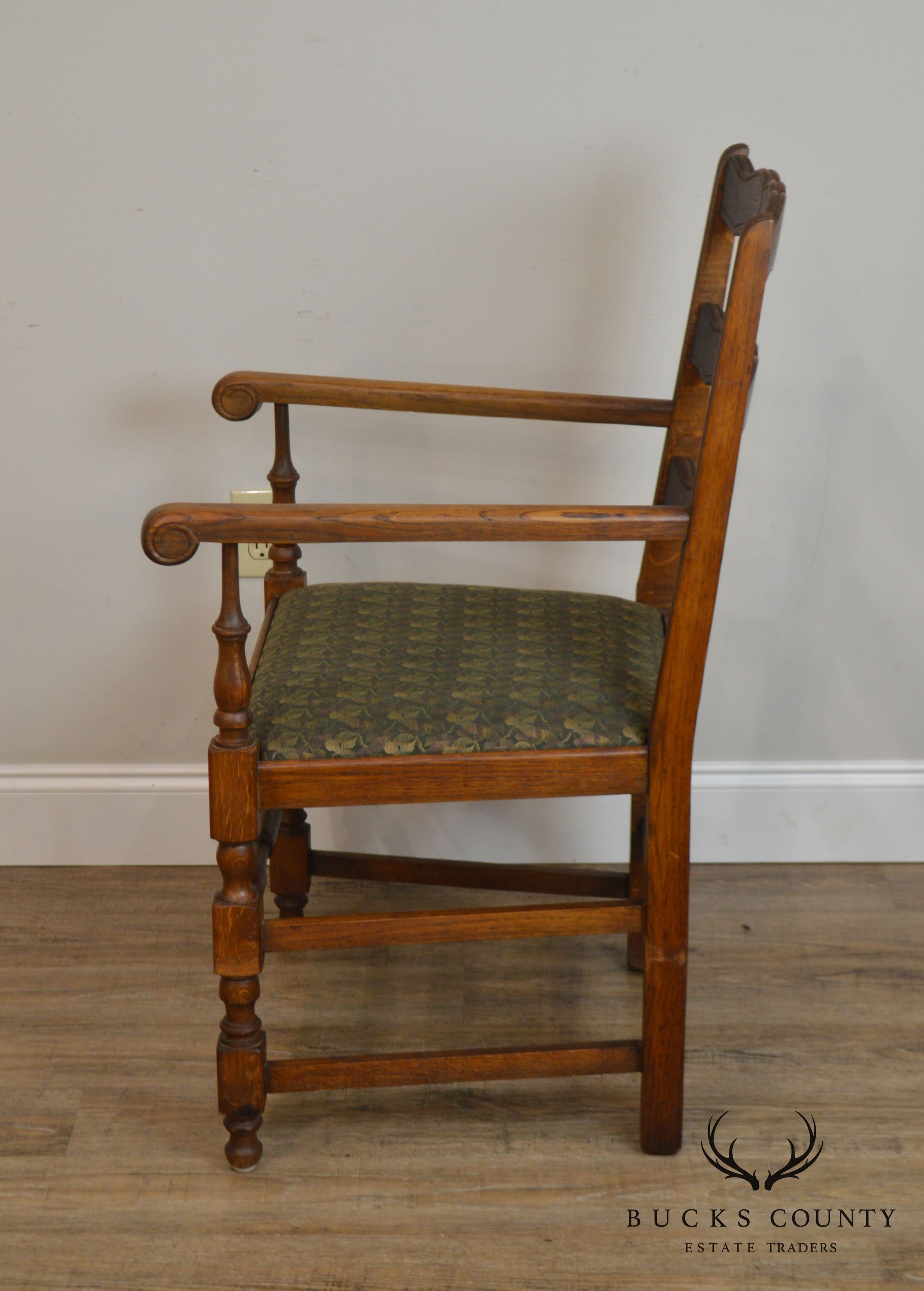 French Country Style Antique Pair Oak Ladder Back Armchairs