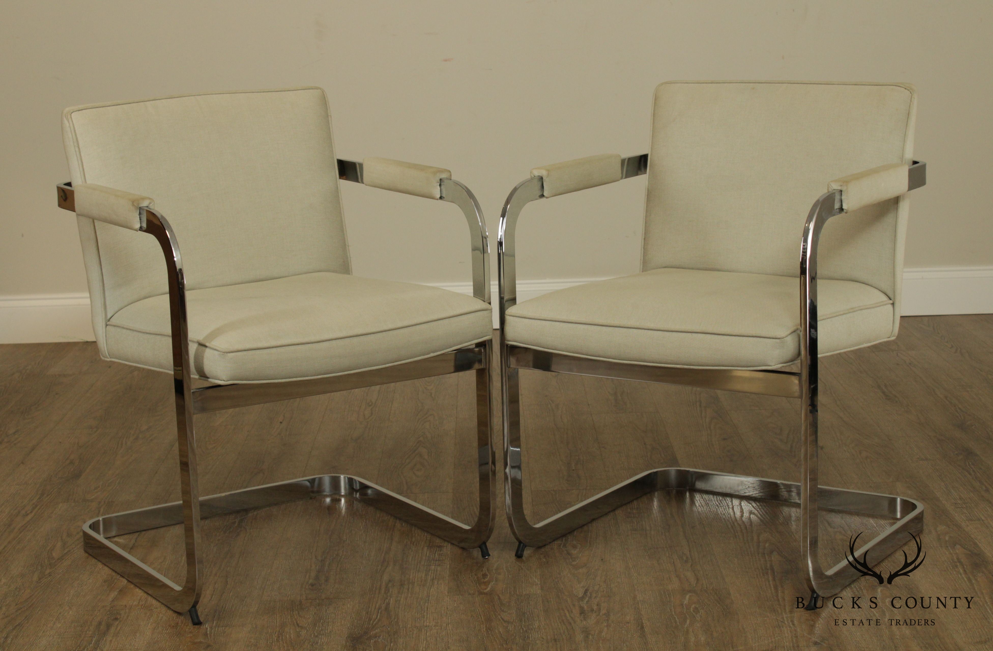 Mid Century Modern Pair Chrome Frame Cantilevered Armchairs