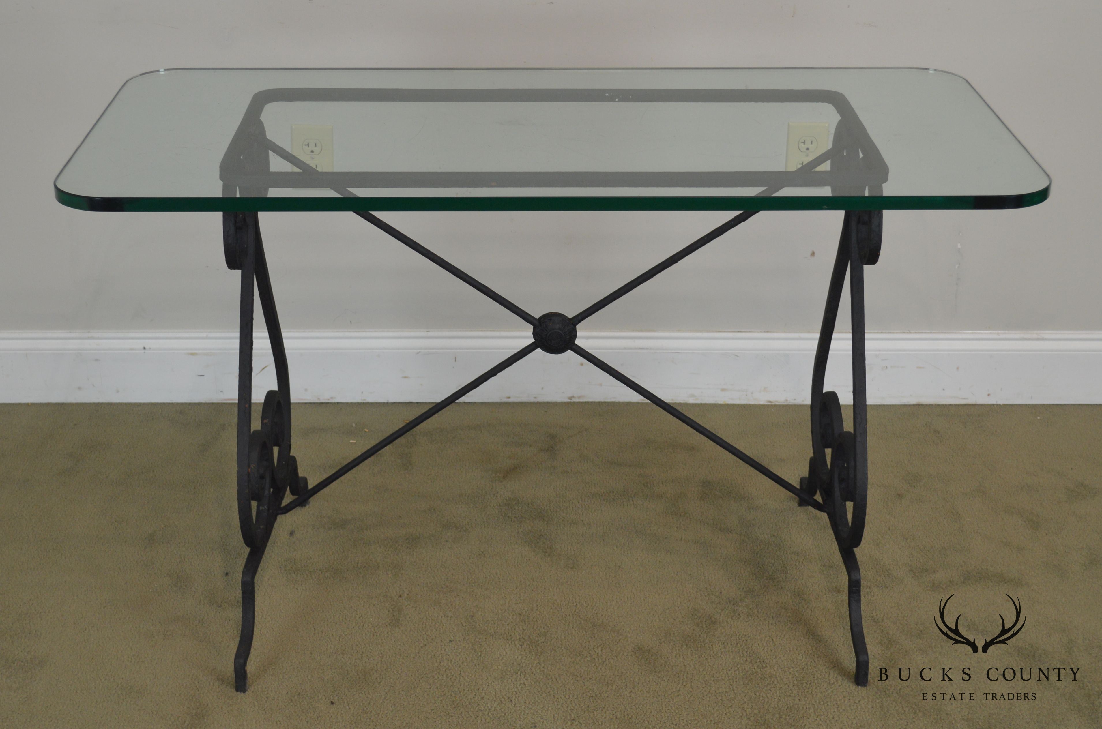 Antique Forged Iron Bistro Table With Glass Top