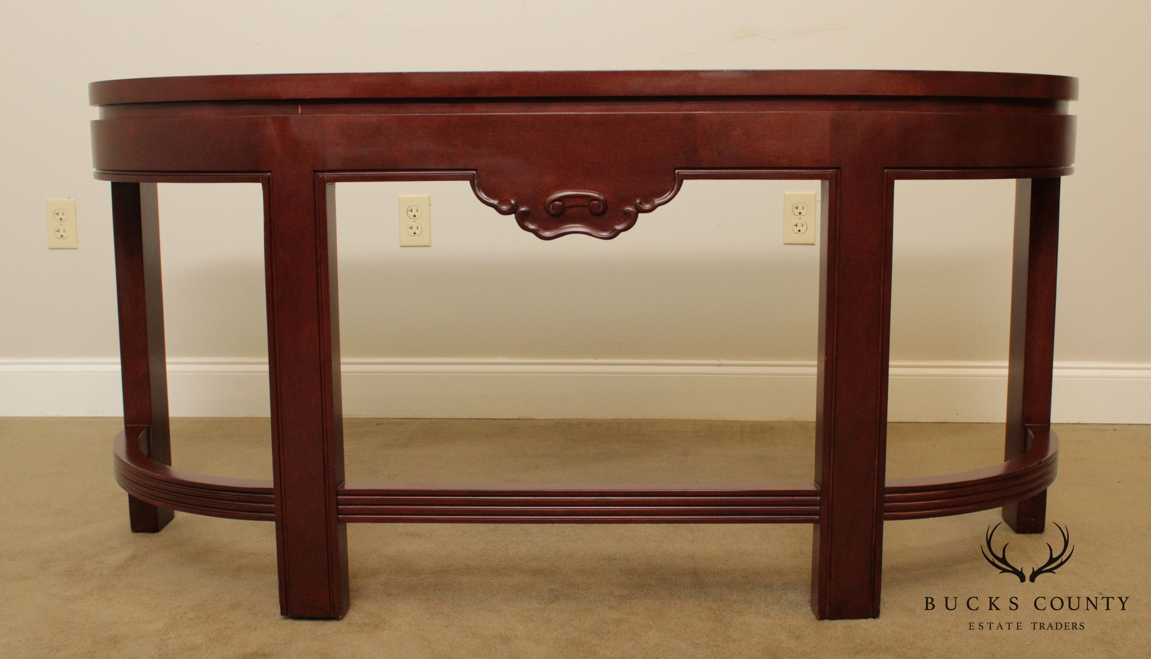 Asian Influenced Mahogany 60 inch Demilune Console Table