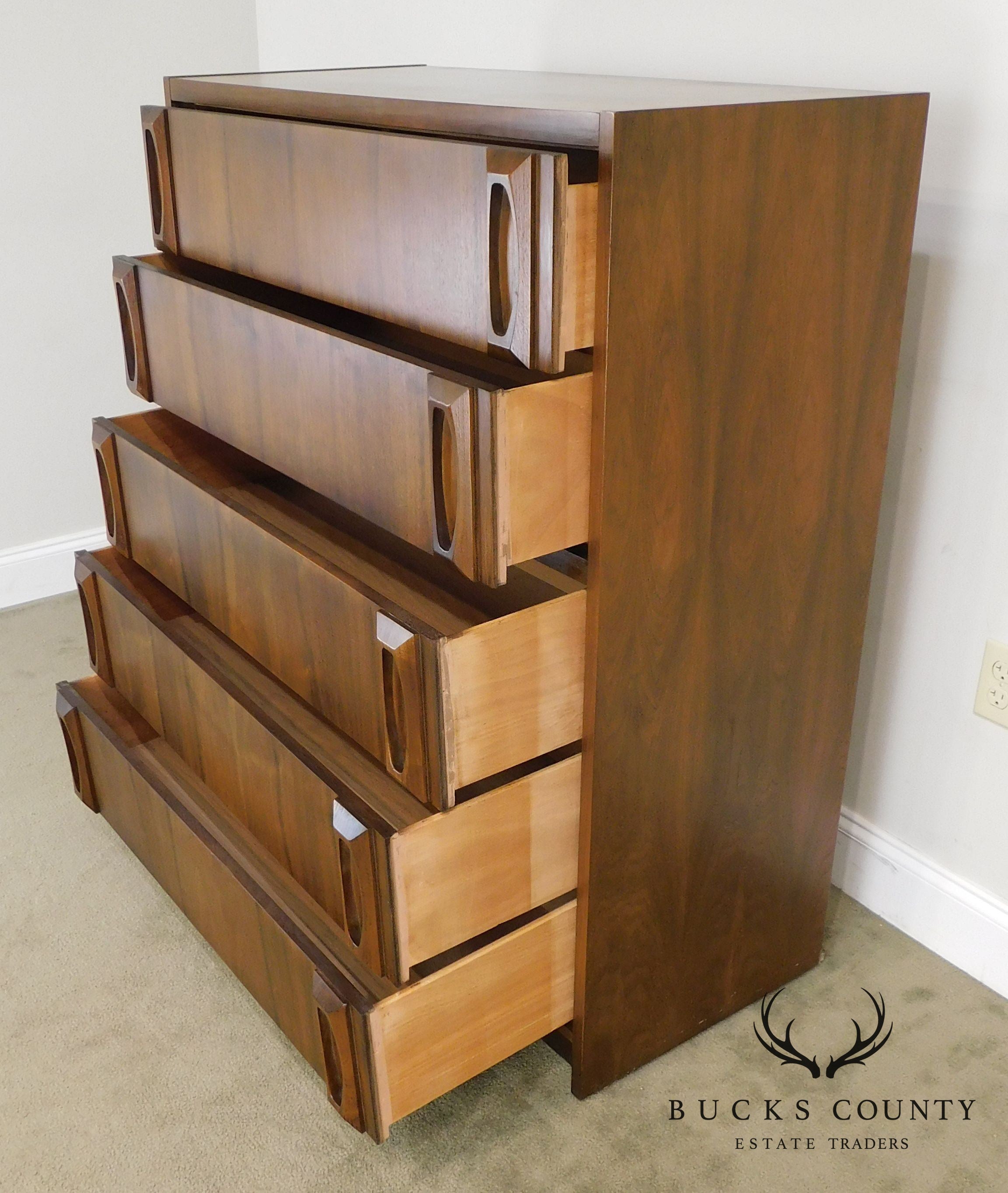 Mid Century Modern Walnut Five Drawer High Chest