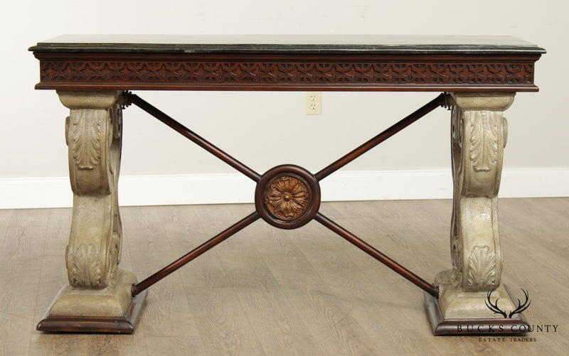Neoclassical Style Tessellated Marble Top X-Base Console Table (A)