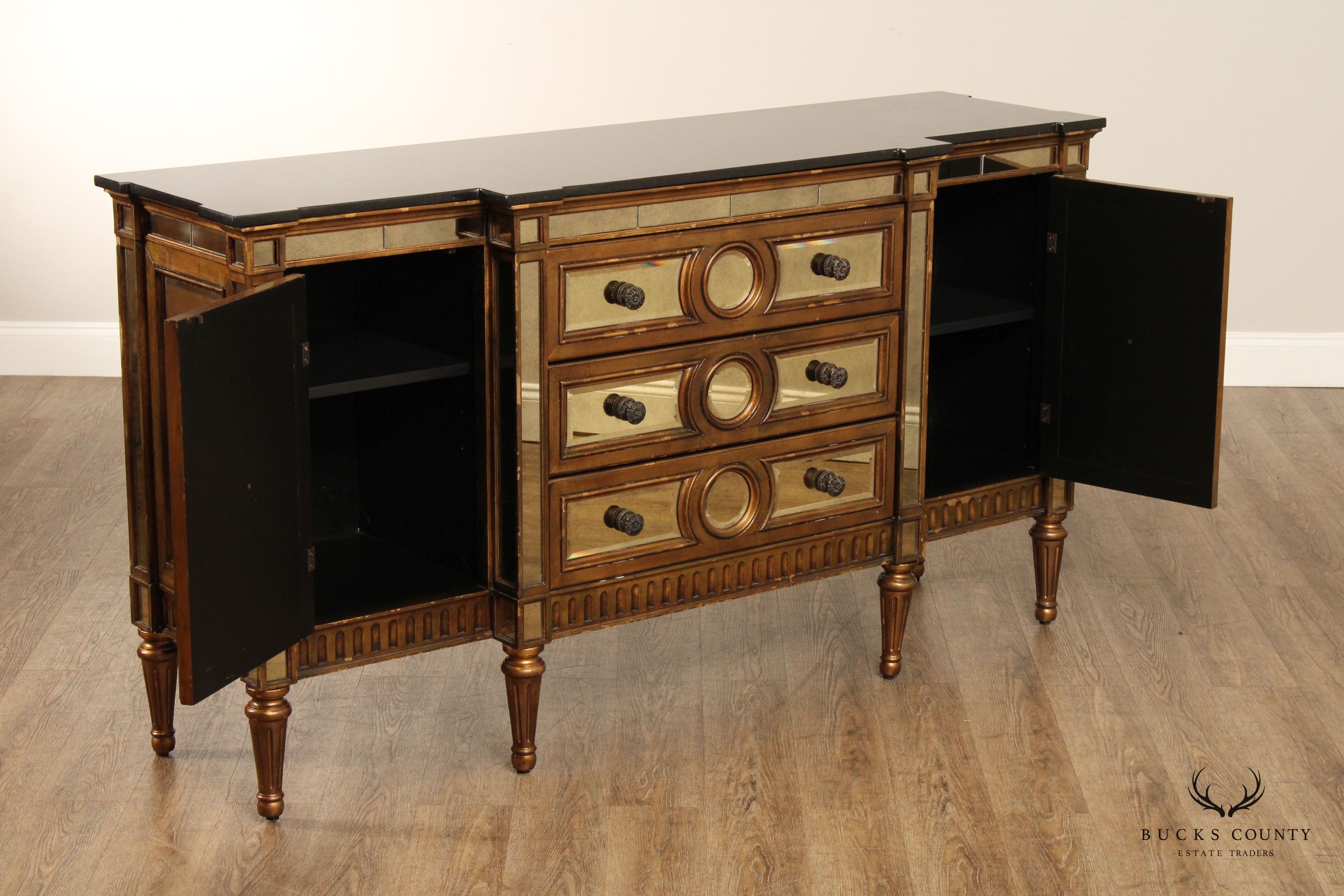 Italian Hollywood Regency Style Marble Top Mirrored Sideboard Buffet