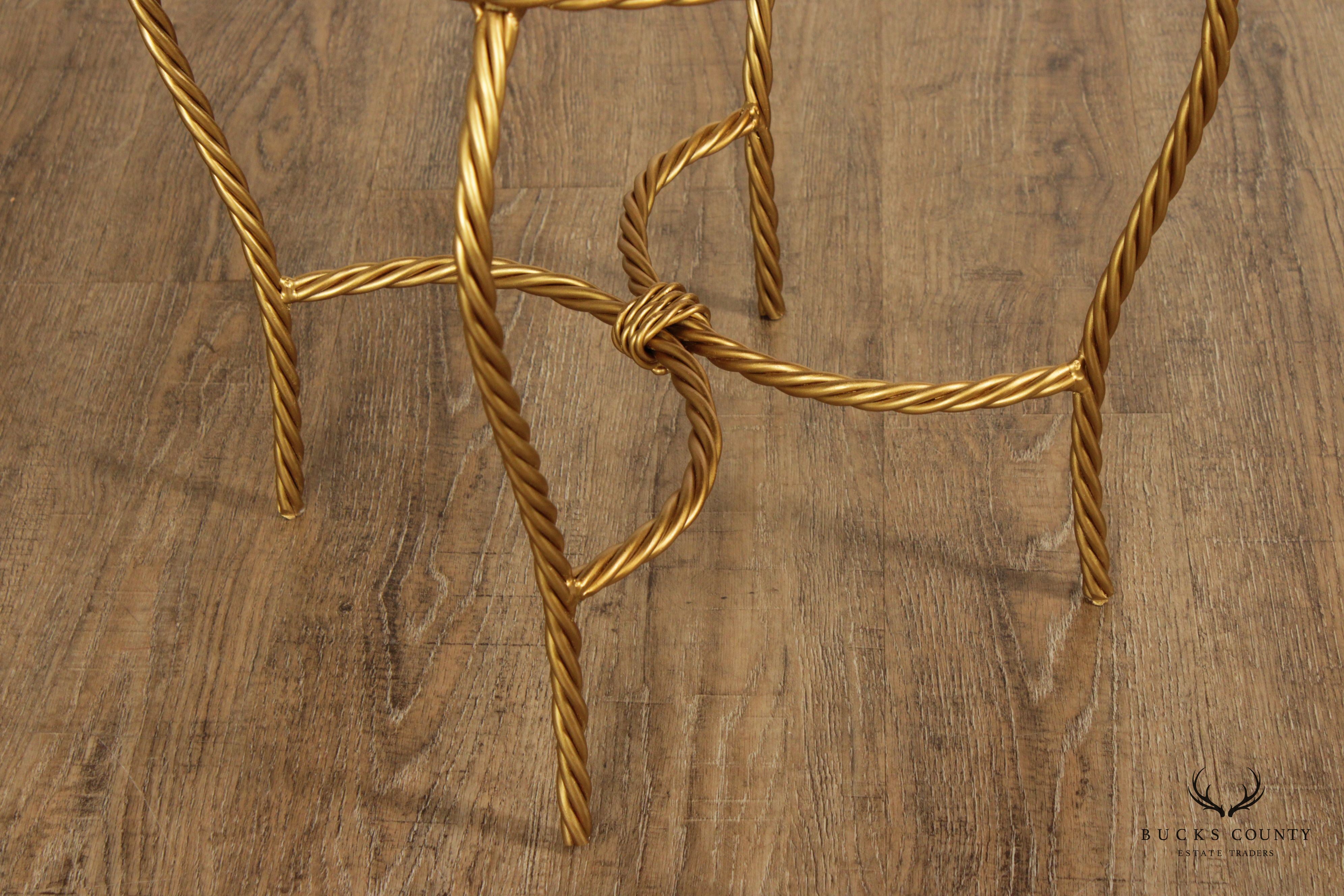 Hollywood Regency Pair of Gilt Metal Rope Twist Stools