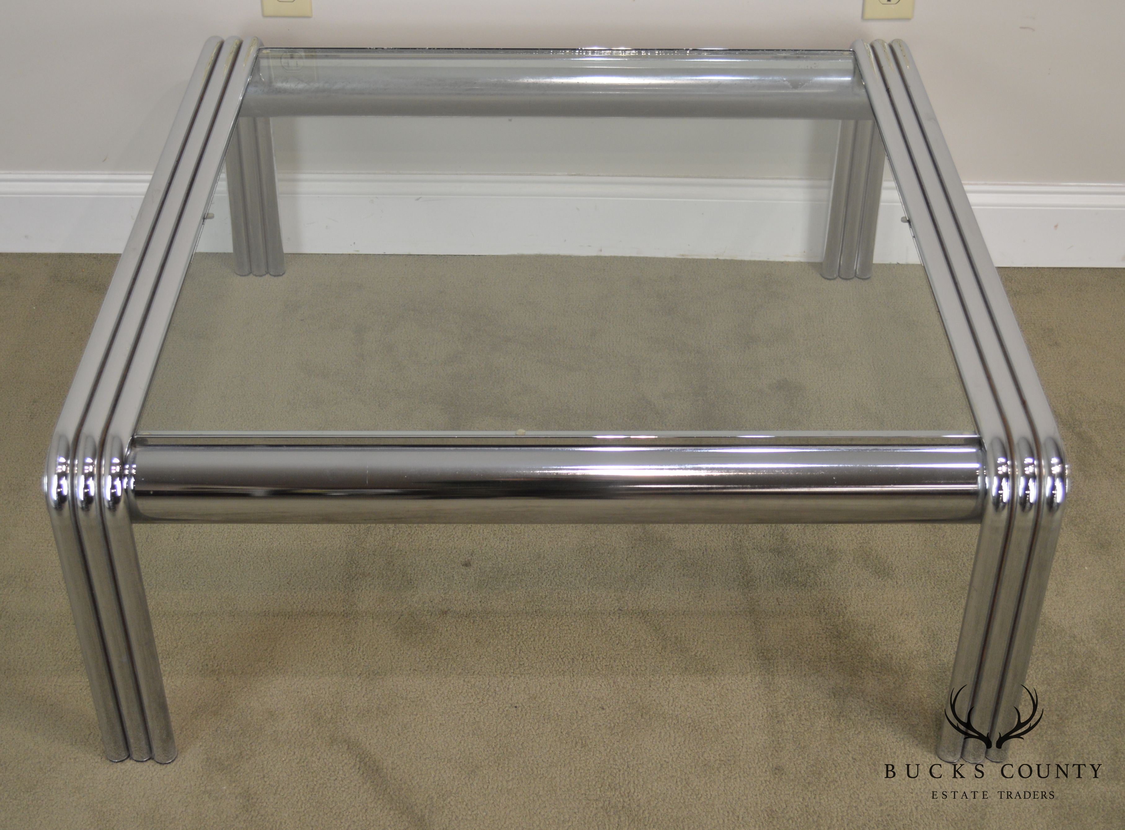 Mid Century Modern Tubular Chrome Glass Top Coffee Table