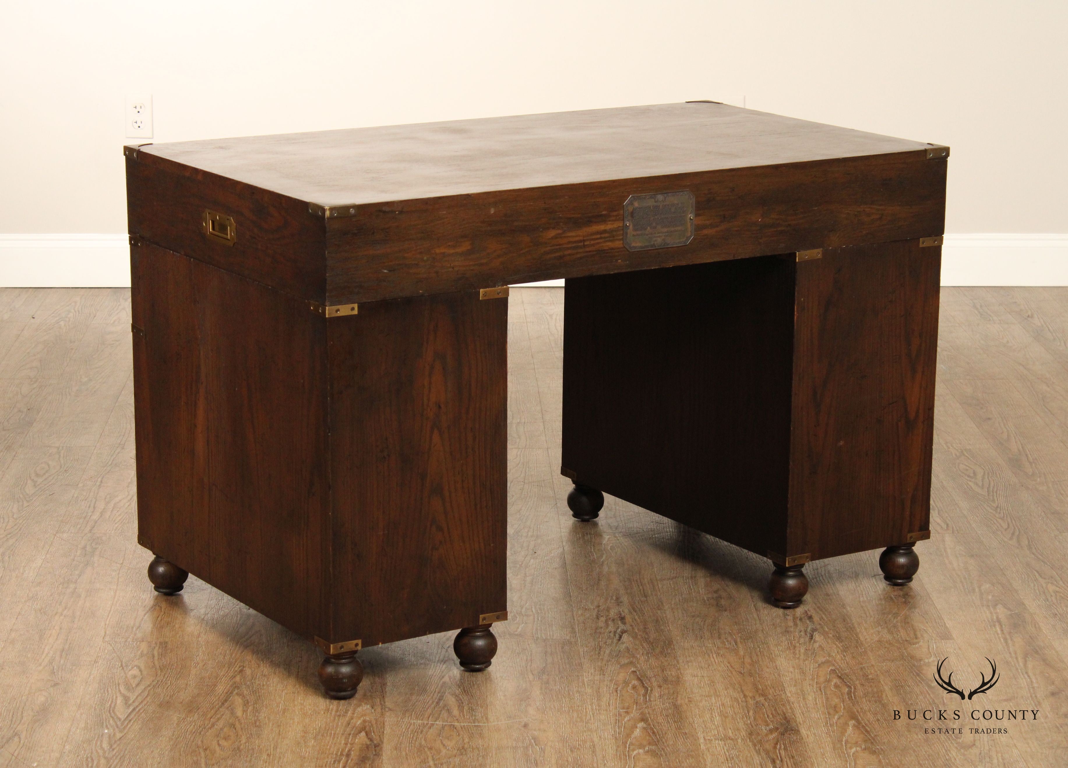 Campaign Style Vintage Oak Pedestal Writing Desk