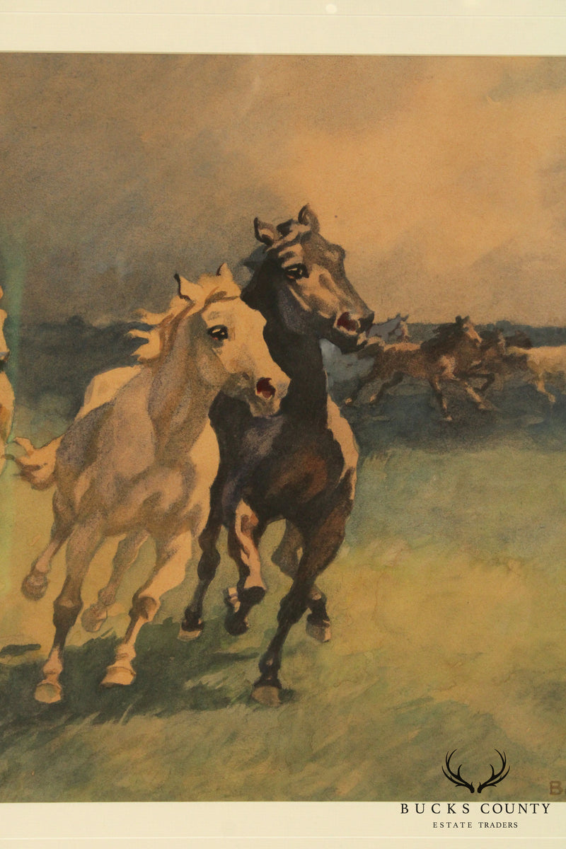 Mid Century Wild Horses Watercolor Painting by István Benyovszky