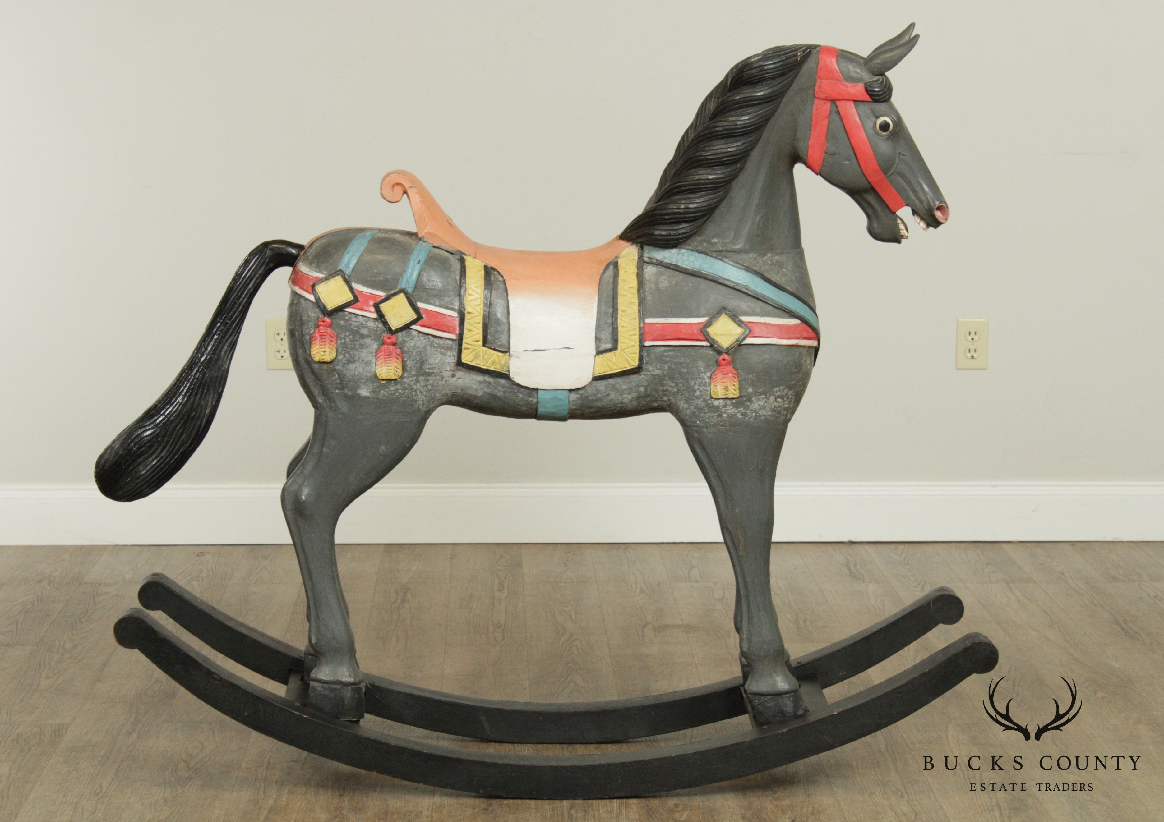 Vintage Quality Carved Wood Hand Painted Large Rocking Horse