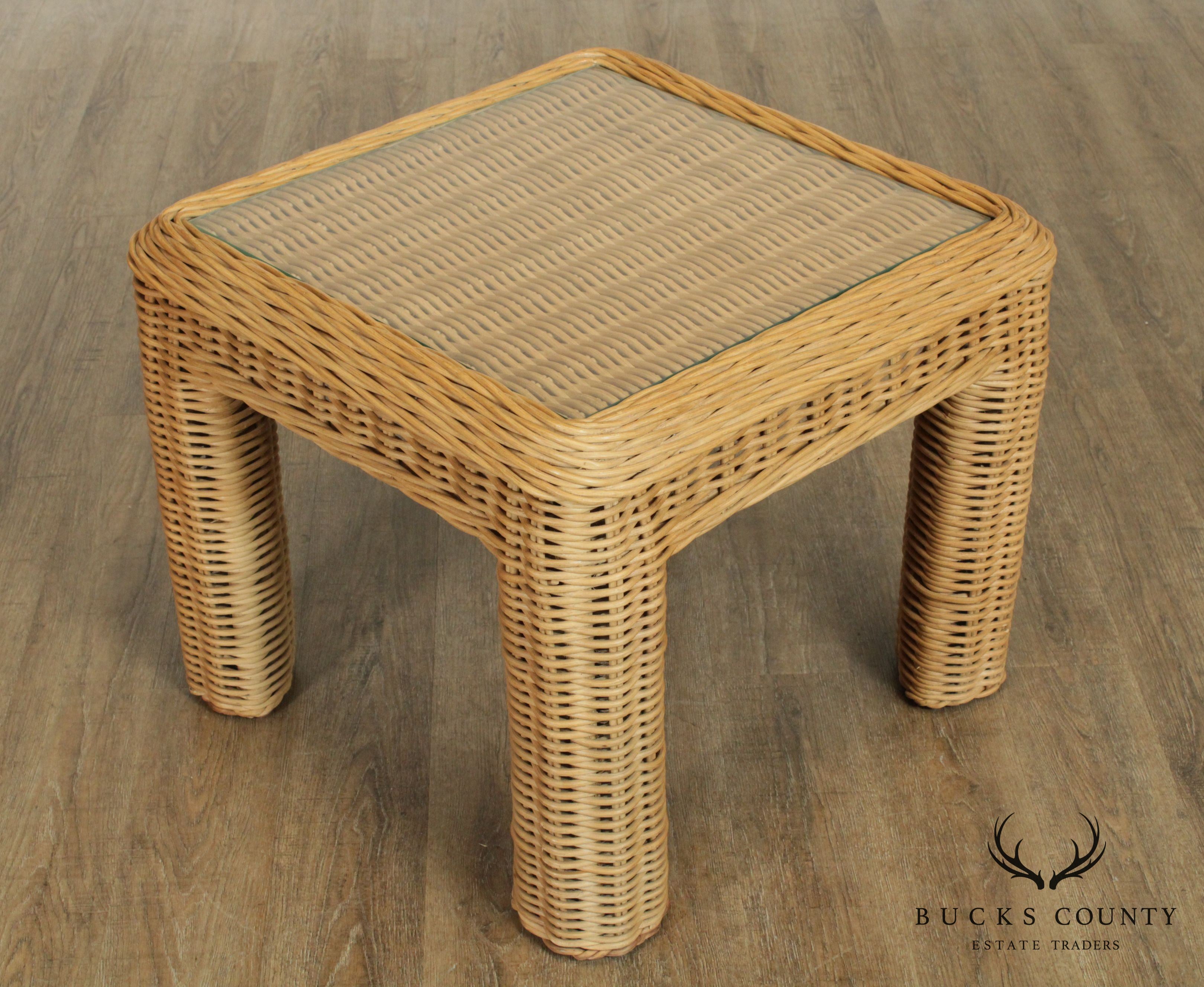 Quality Vintage Pair Square Wicker Side Tables