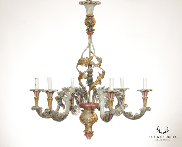 Italian Style Painted Wood and Wrought Iron Six Arm Chandelier