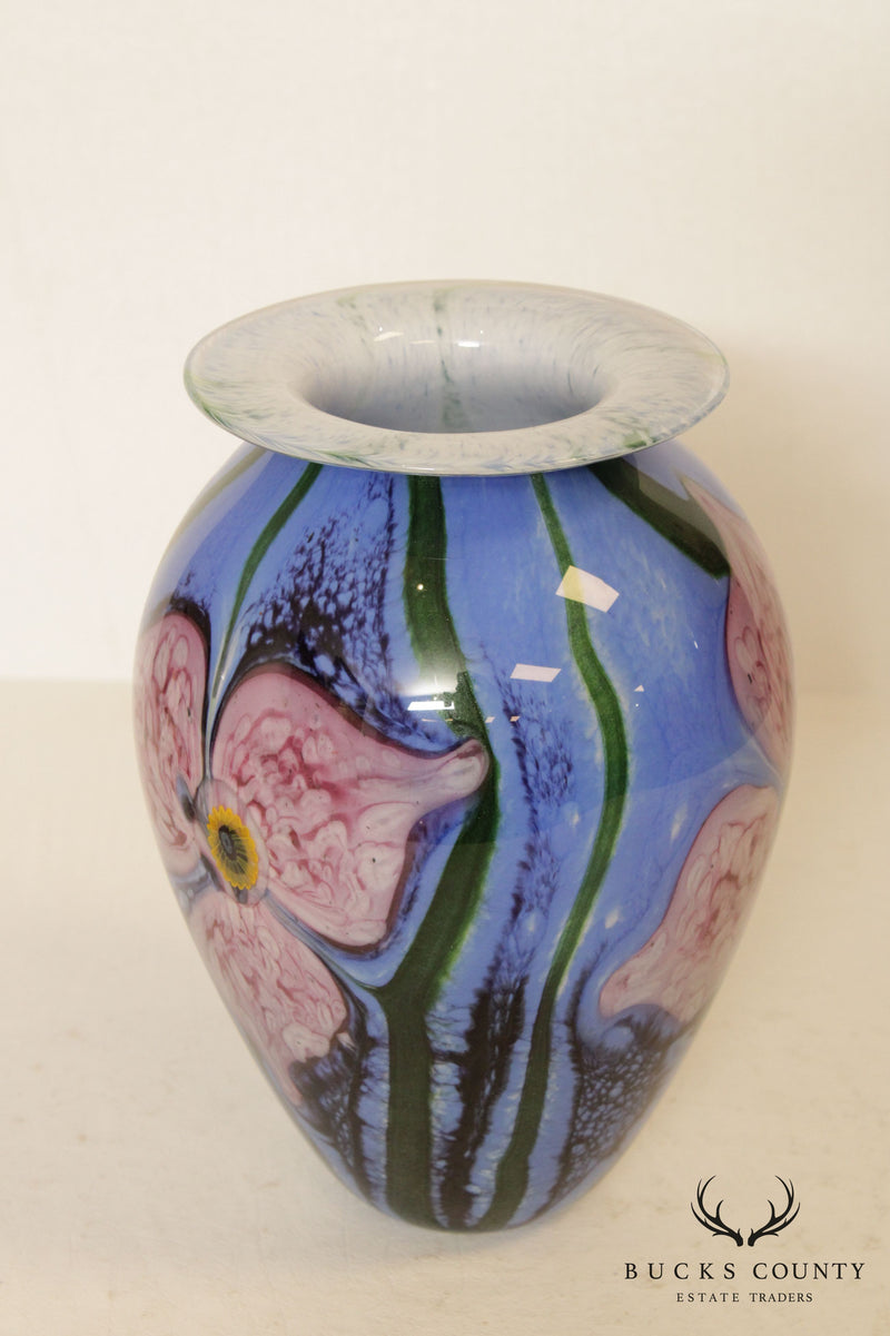 Art Glass Hand Blown Vase Blue with Pink Flowers Signature Illegible