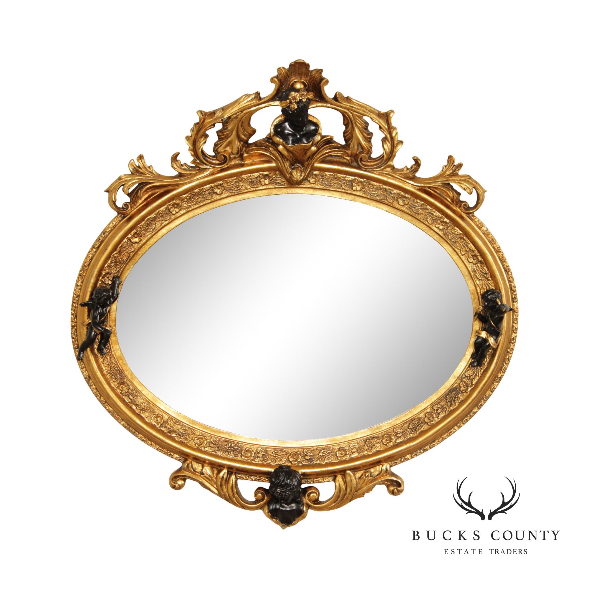 French Rococo Figural Ebonized and Gilted Oval Wall Mirror