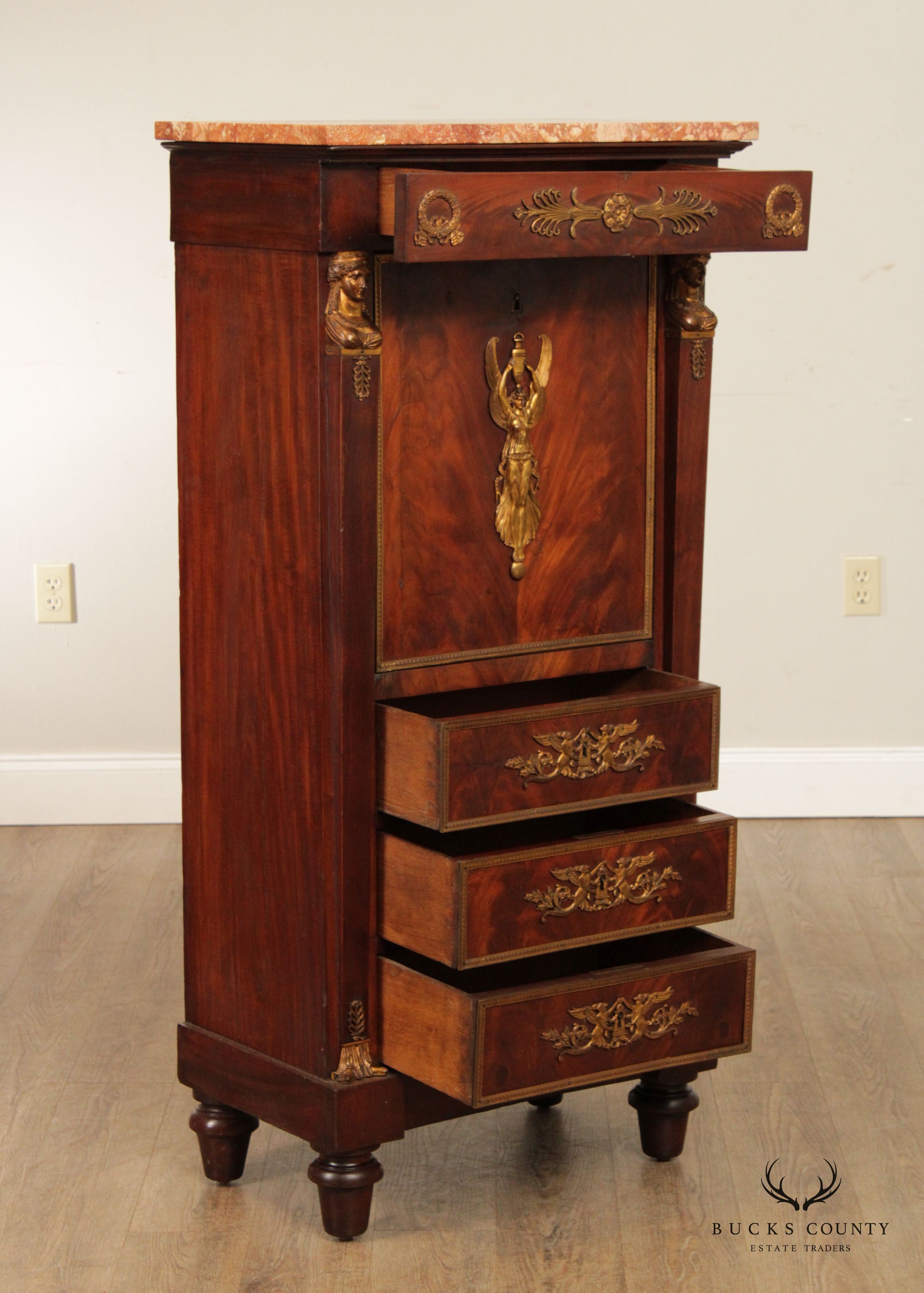 French Empire Style Gilt Bronze Mounted Mahogany Secretaire a Abattant